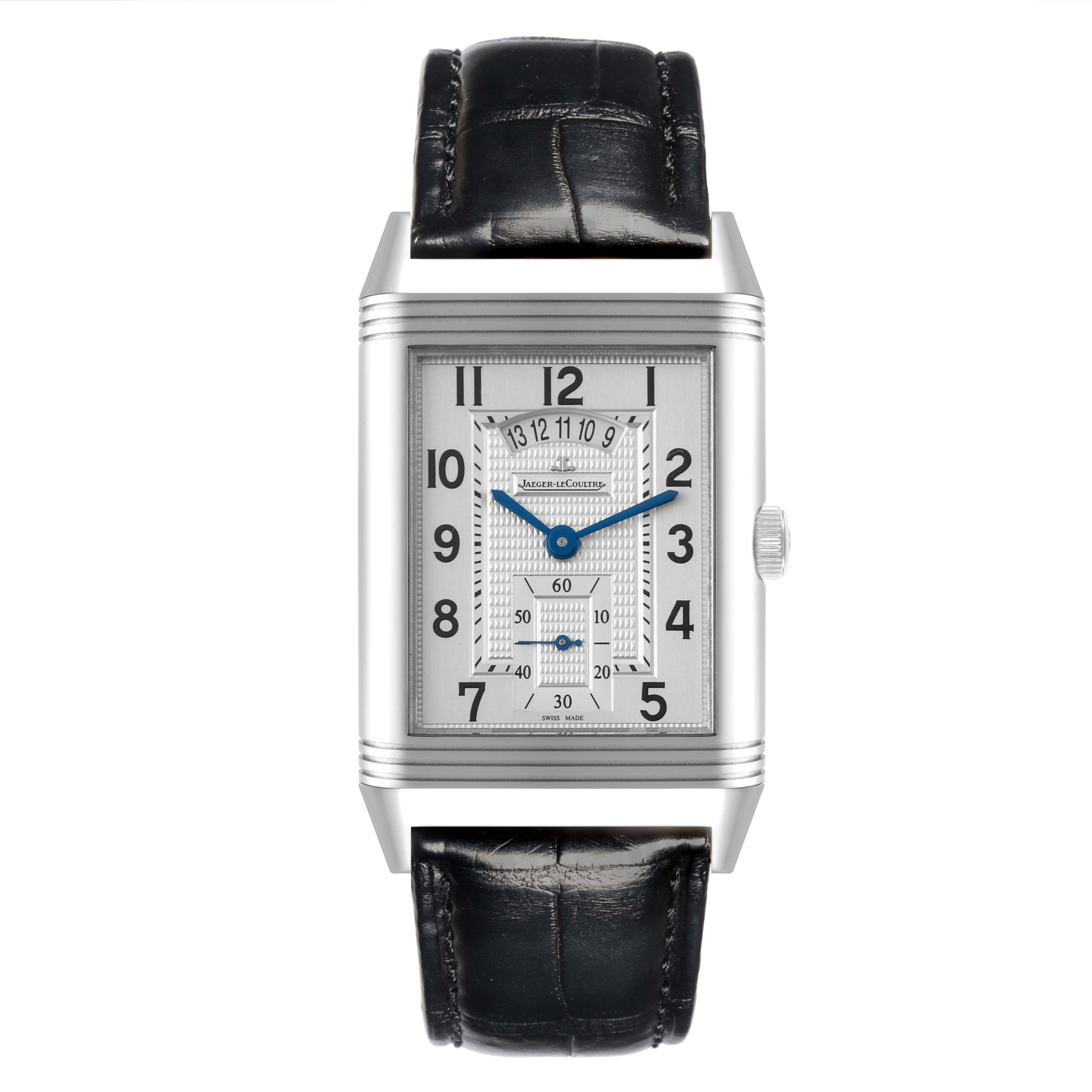 The Jaeger LeCoultre Reverso Q3748421 Men's Stainless Steel Silver Dial Q3748421 Men's Stainless Steel Silver Dial model is shown from the front, displaying the rectangular face, dial, and leather strap.