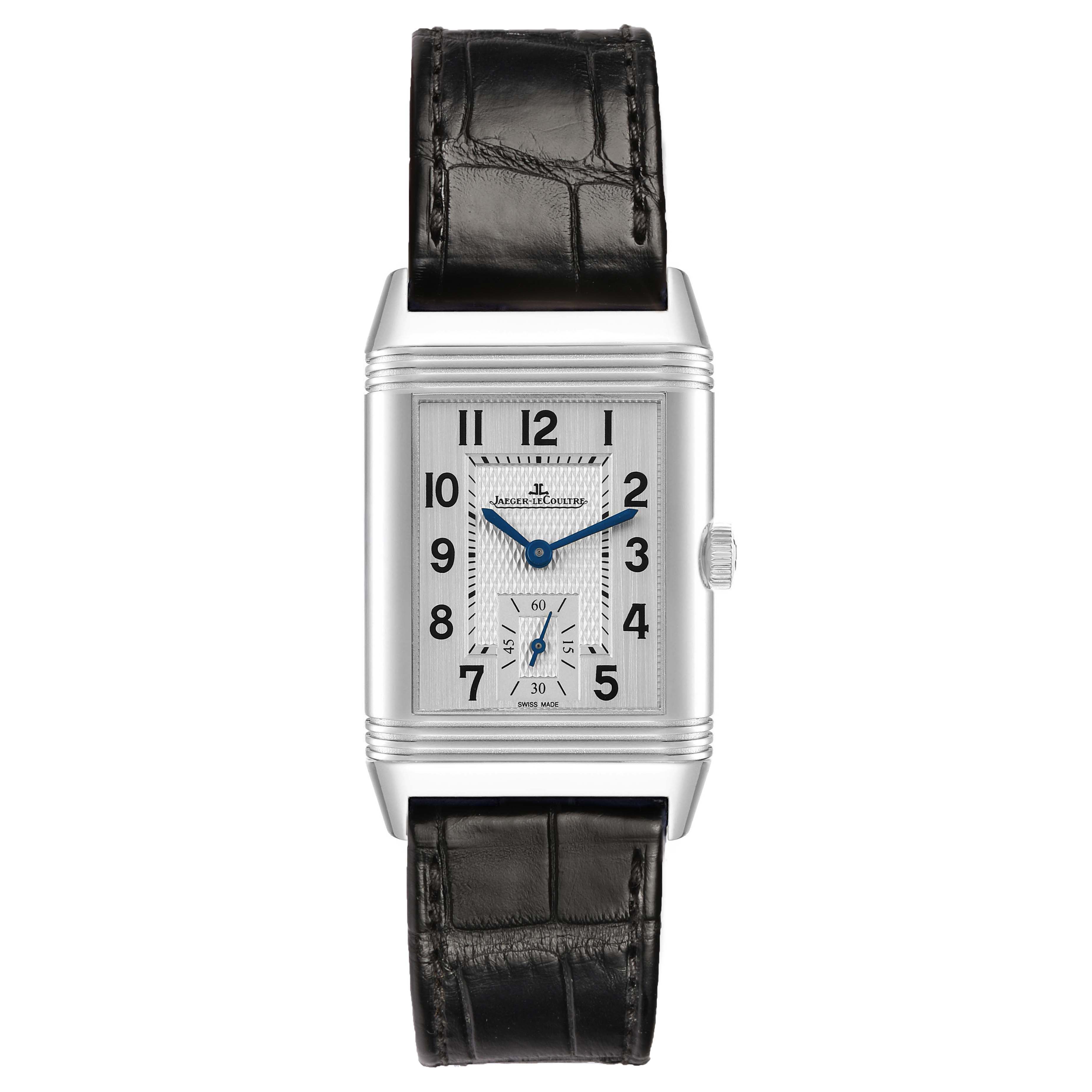 The Jaeger LeCoultre Reverso 213.8.D4 Q2458420 Men's Stainless Steel Silver Dial watch is shown from the front, displaying its rectangular face, crown, and black leather strap.