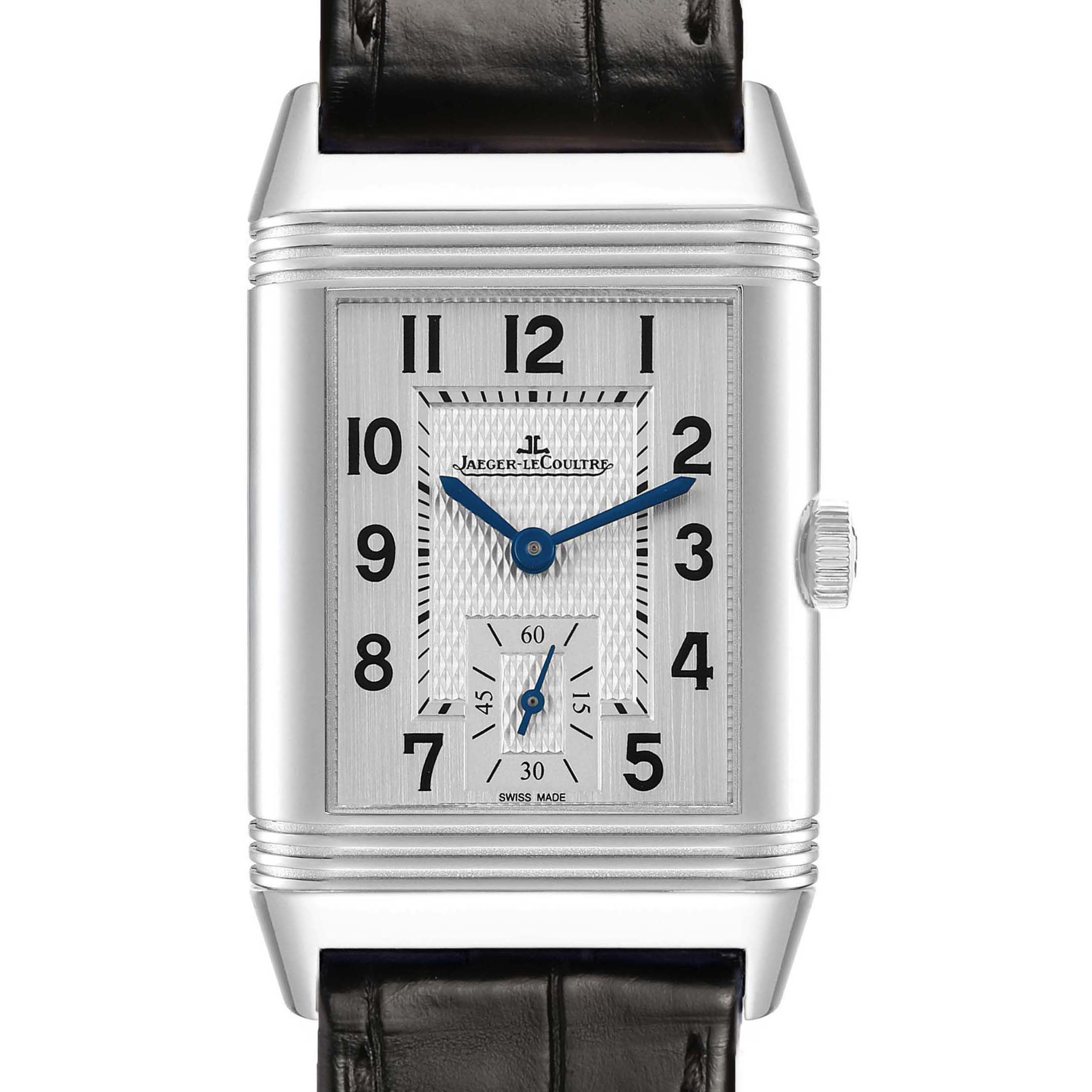The Jaeger-LeCoultre Reverso watch is shown from a front angle, highlighting its face, crown, and leather strap.