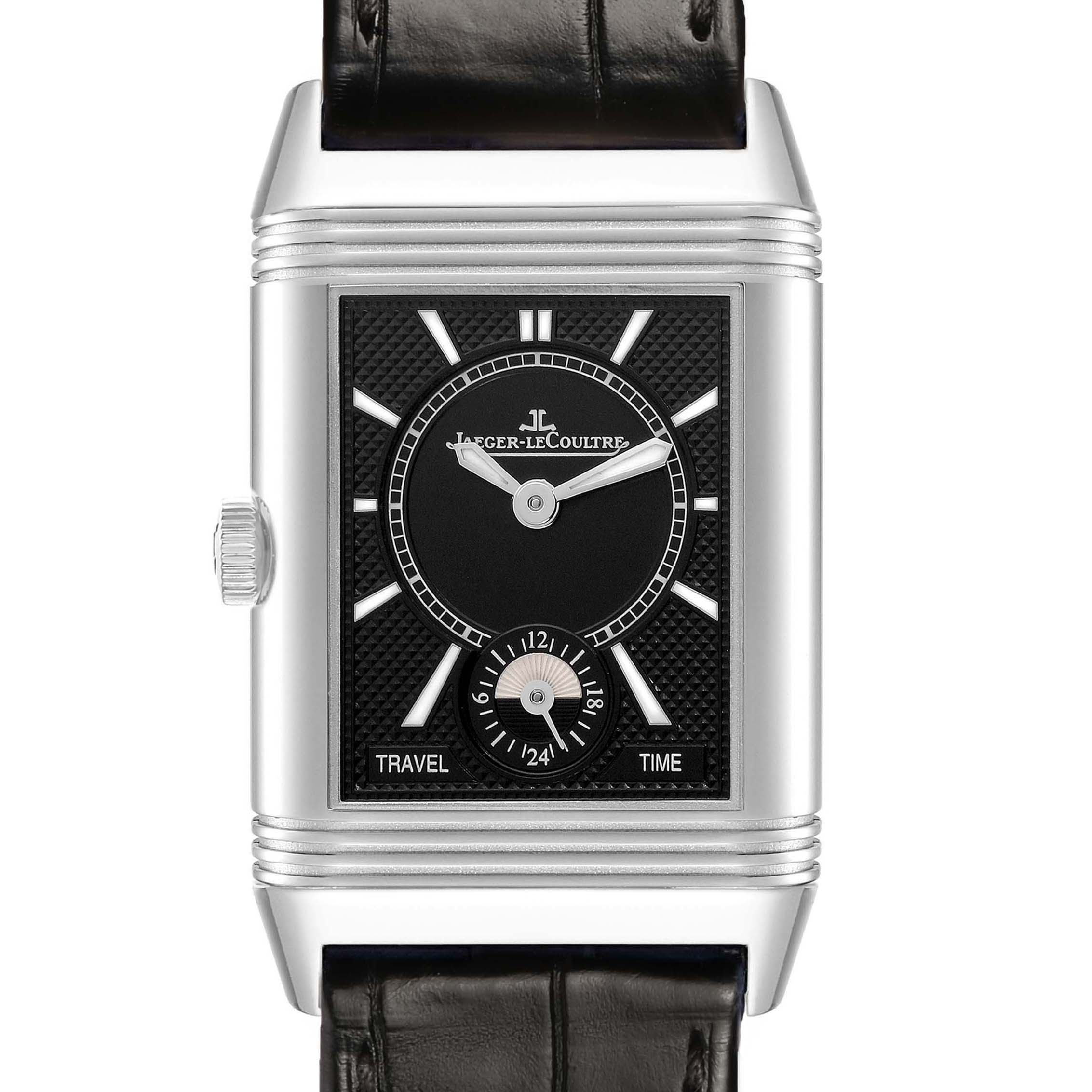 The Jaeger-LeCoultre Reverso watch is shown from the front, displaying the dial, case, crown, and part of the leather strap.