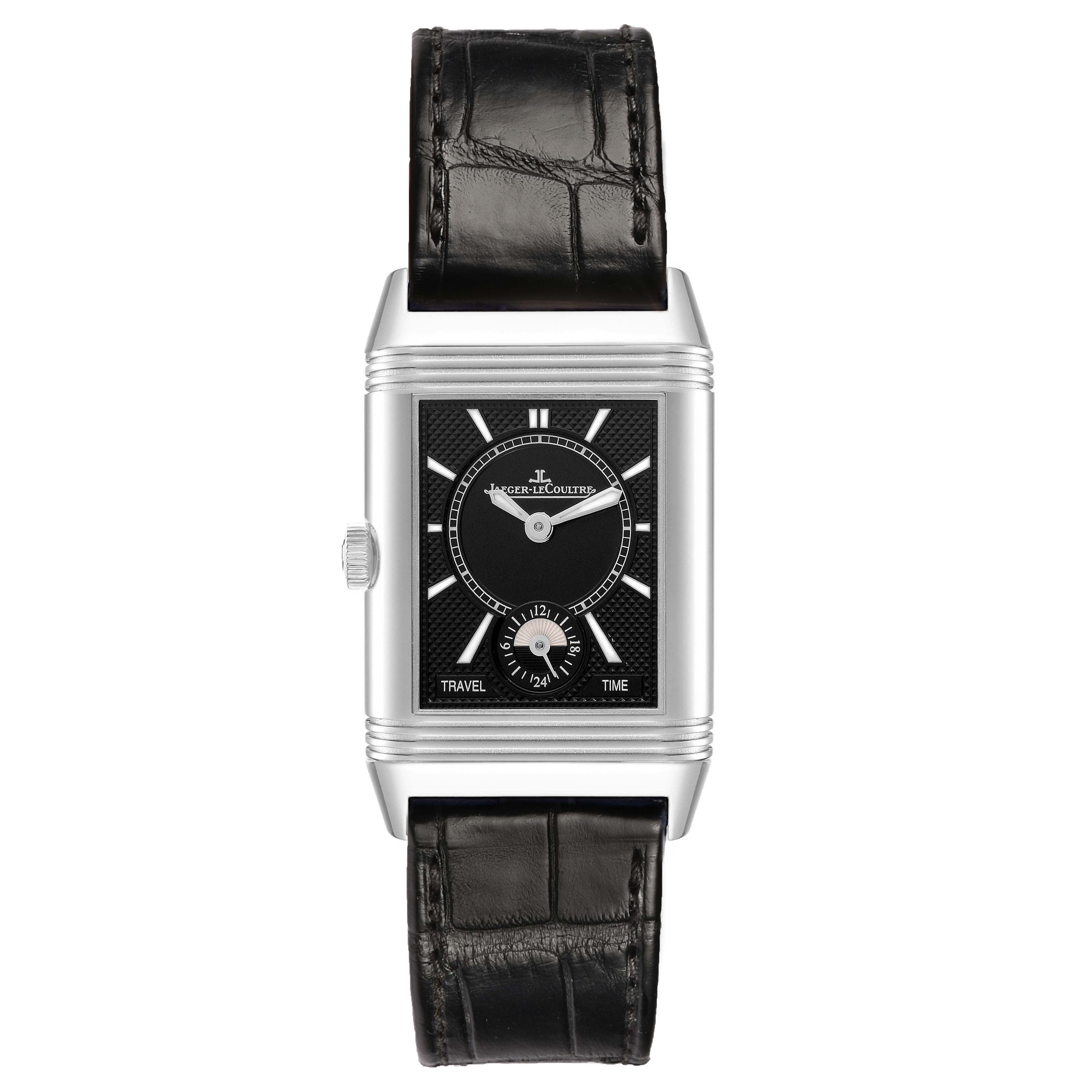 The Jaeger LeCoultre Reverso 213.8.D4 Q2458420 Men's Stainless Steel Silver Dial watch is shown from the front, displaying the dial, crown, and leather strap.