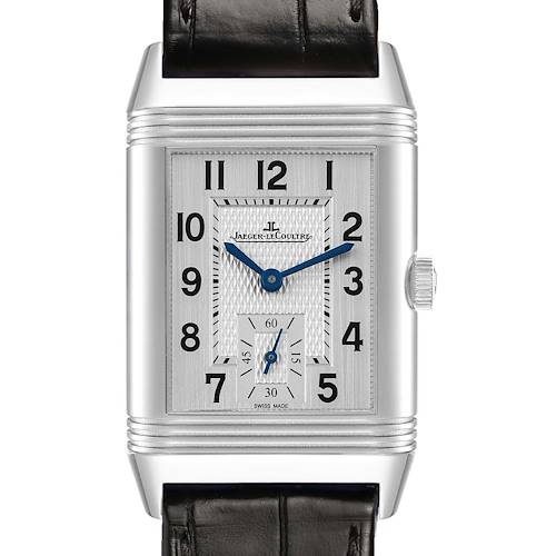 The Jaeger LeCoultre Reverso 213.8.D4 Q2458420 Men's Stainless Steel Silver Dial watch is shown from the front, highlighting the face, numerals, hands, and part of the strap.