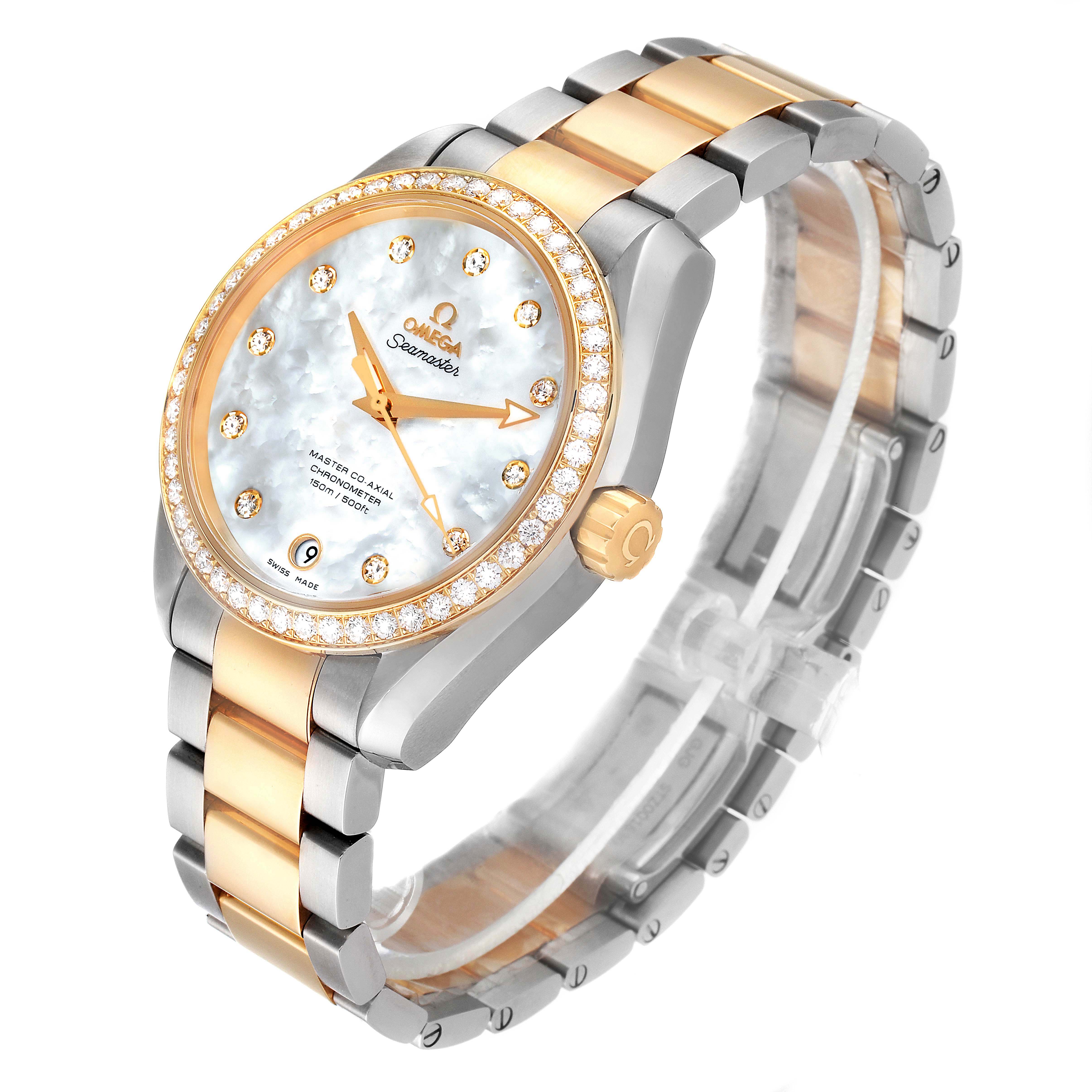 This image shows the Omega Aqua Terra 231.25.39.21.55.002 Men's Steel and Gold (two tone) Mother of Pearl Dial 231.25.39.21.55.002 Men's Steel and Gold (two tone) Mother of Pearl Dial watch at an angle highlighting the face, bezel, crown, and bracelet.