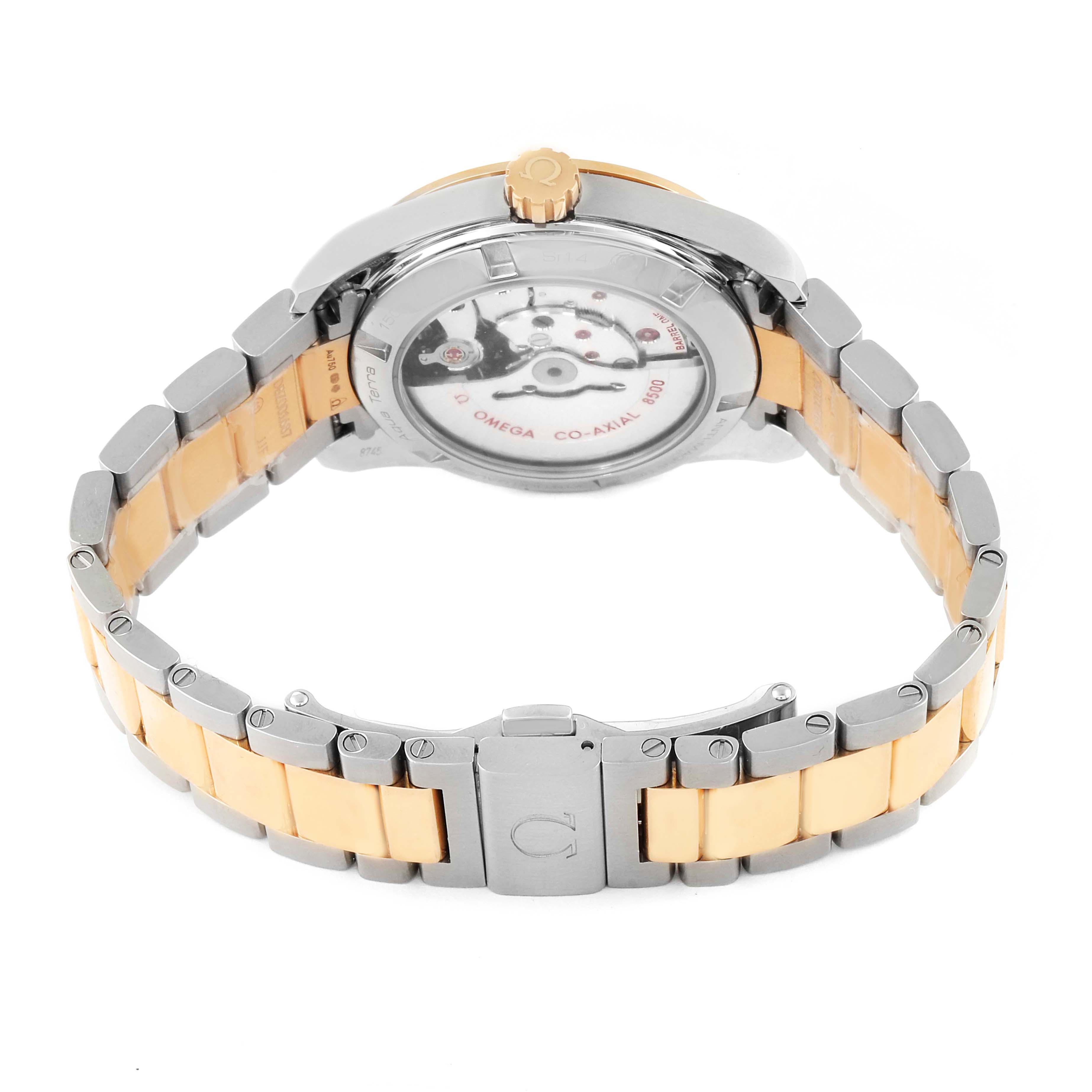 The image shows the back view of an Omega Aqua Terra 231.25.39.21.55.002 Men's Steel and Gold (two tone) Mother of Pearl Dial 231.25.39.21.55.002 Men's Steel and Gold (two tone) Mother of Pearl Dial watch, highlighting the transparent case back and two-tone bracelet.