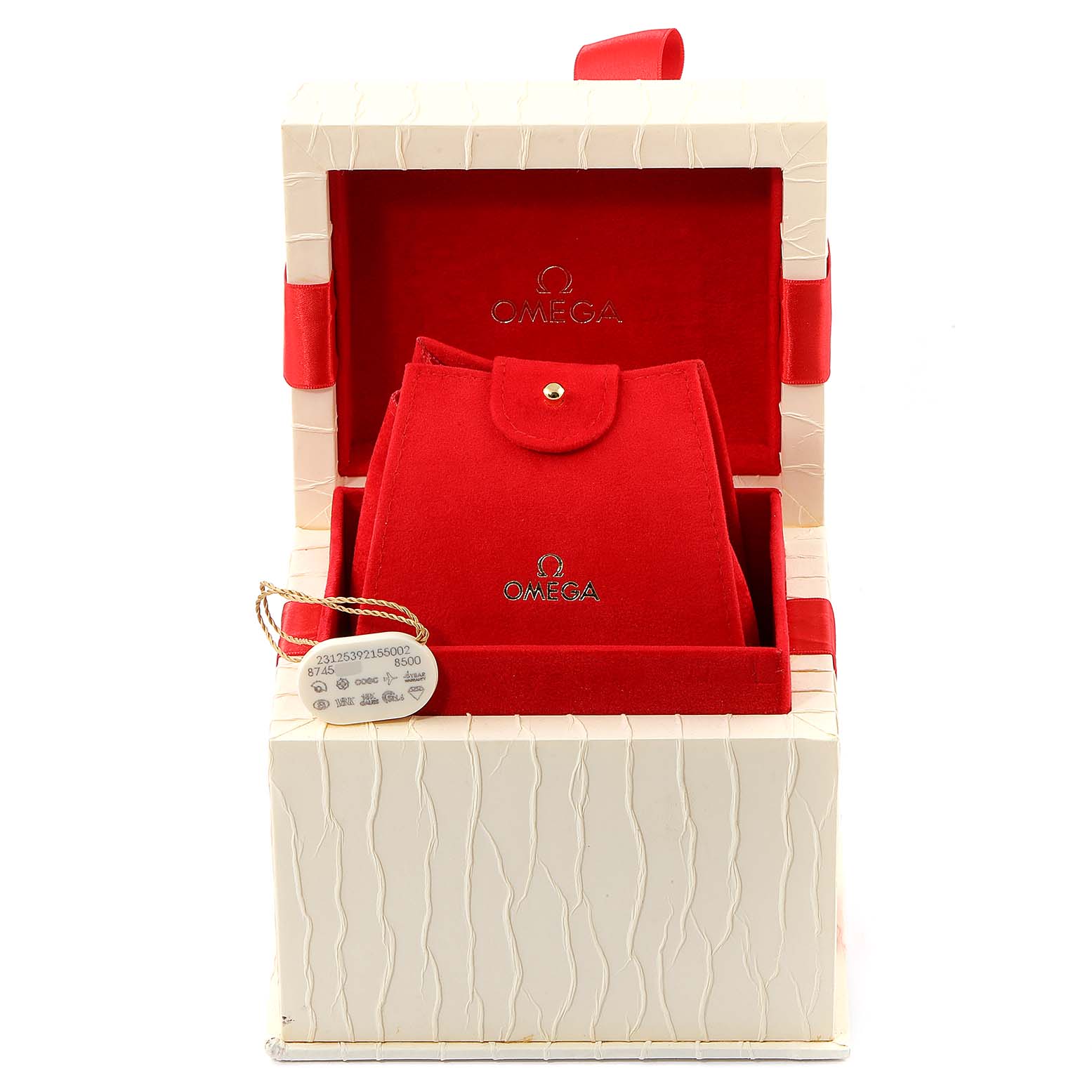 The image shows an Omega Aqua Terra 231.25.39.21.55.002 Men's Steel and Gold (two tone) Mother of Pearl Dial 231.25.39.21.55.002 Men's Steel and Gold (two tone) Mother of Pearl Dial model's red velvet watch box, opened to display internal compartments.