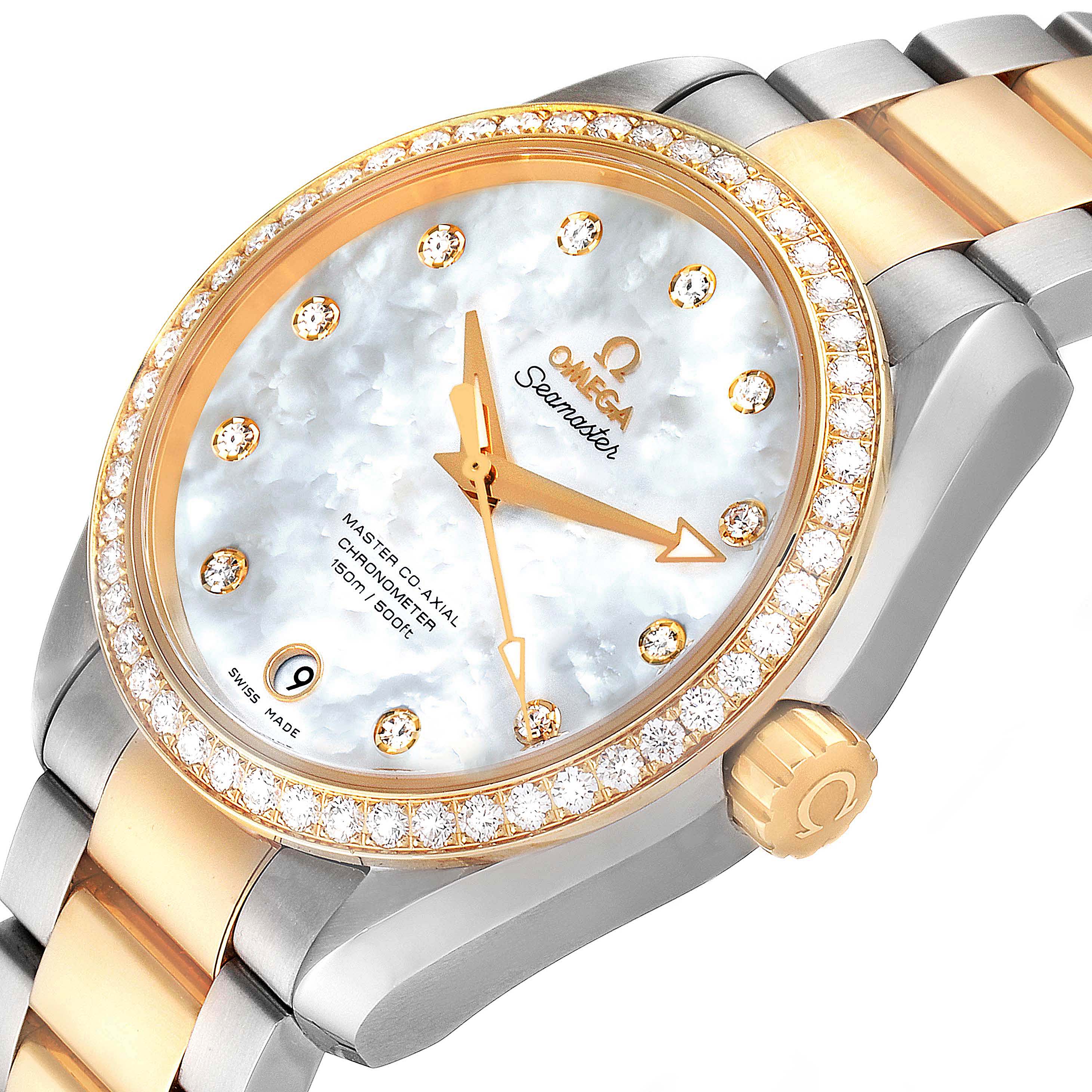 The image shows a close-up of the dial, bezel, crown, and bracelet of the Omega Aqua Terra 231.25.39.21.55.002 Men's Steel and Gold (two tone) Mother of Pearl Dial 231.25.39.21.55.002 Men's Steel and Gold (two tone) Mother of Pearl Dial watch.