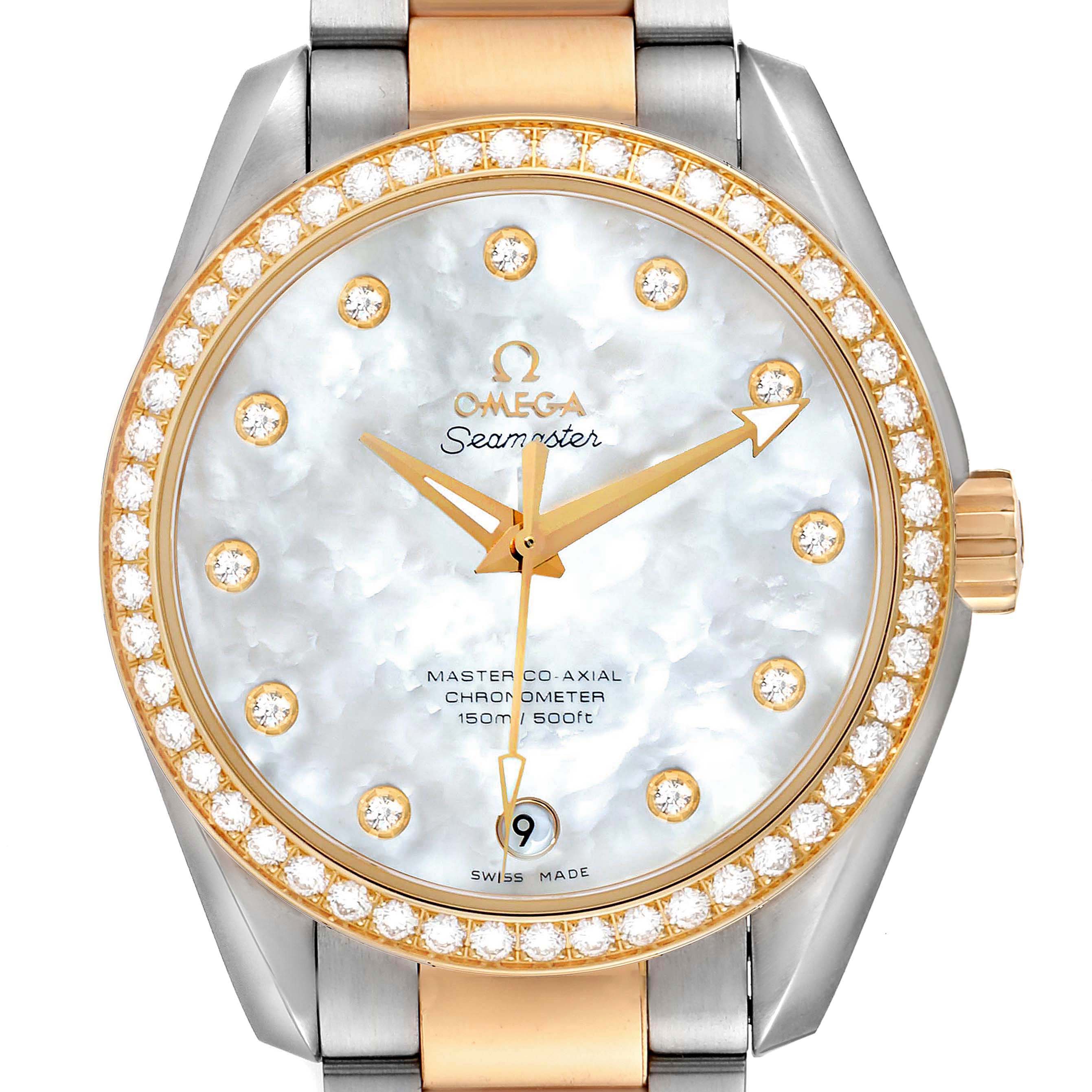 This Omega Aqua Terra 231.25.39.21.55.002 Men's Steel and Gold (two tone) Mother of Pearl Dial 231.25.39.21.55.002 Men's Steel and Gold (two tone) Mother of Pearl Dial watch is shown from a front view, displaying the dial, bezel, case, and part of the bracelet.