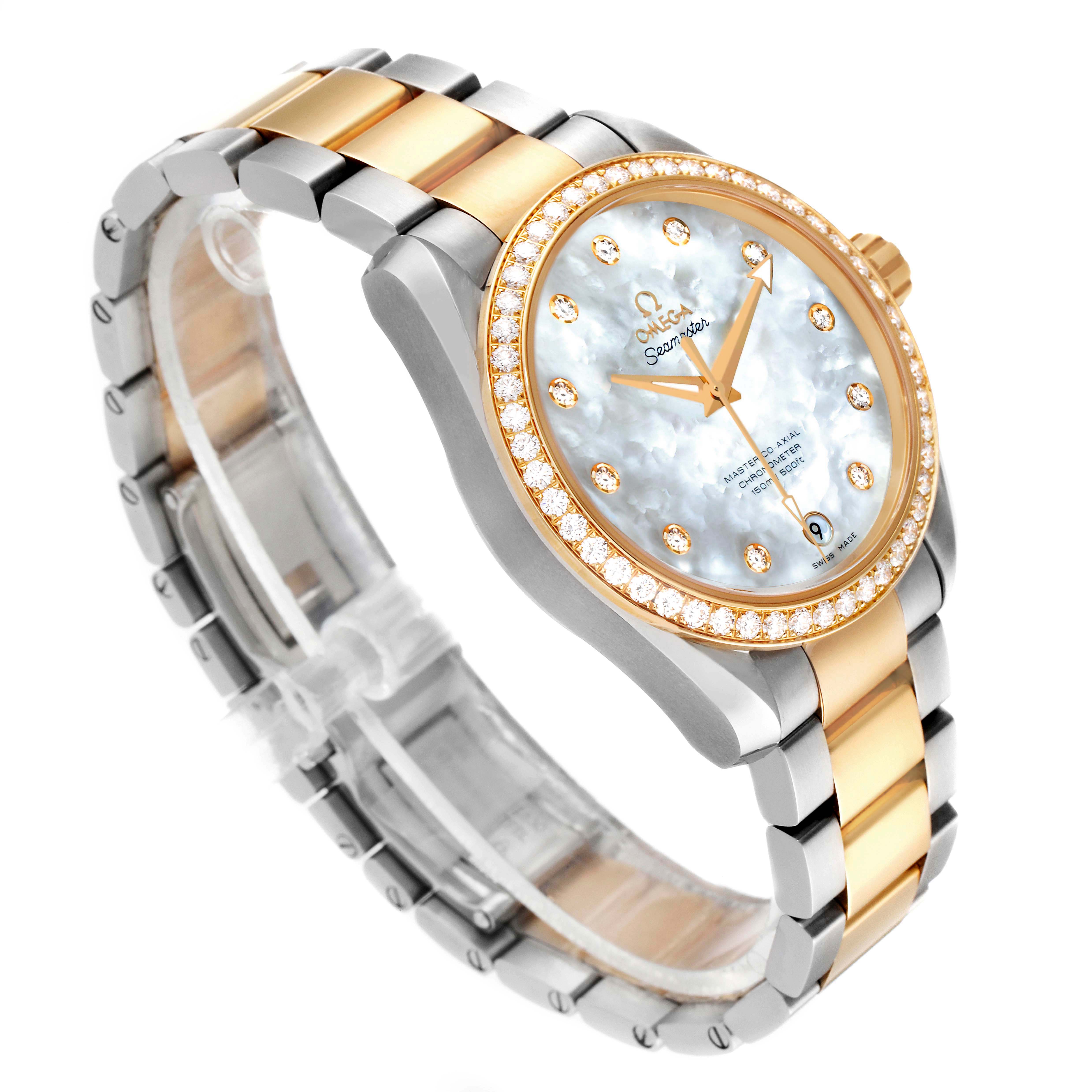 The image shows an angled side view of the Omega Aqua Terra 231.25.39.21.55.002 Men's Steel and Gold (two tone) Mother of Pearl Dial 231.25.39.21.55.002 Men's Steel and Gold (two tone) Mother of Pearl Dial watch, highlighting its bracelet, gold bezel, and mother-of-pearl dial.