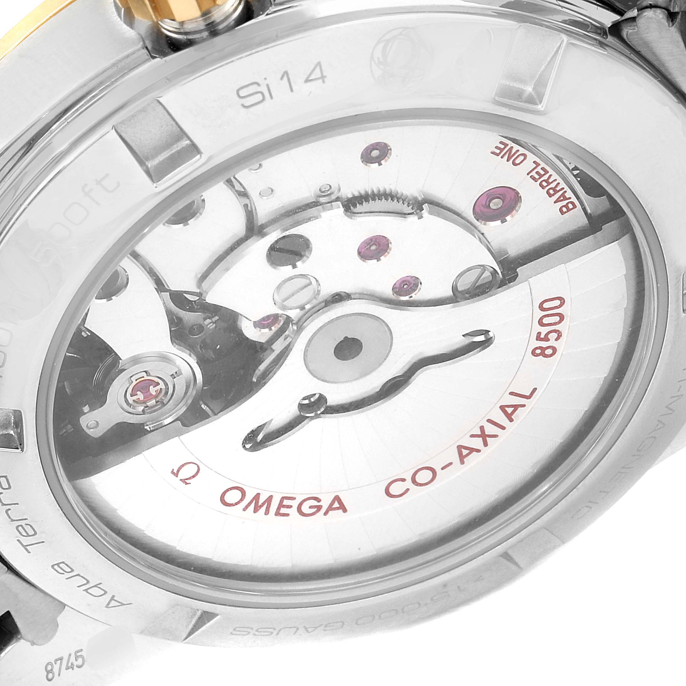 The image shows the back view of the Omega Aqua Terra 231.25.39.21.55.002 Men's Steel and Gold (two tone) Mother of Pearl Dial 231.25.39.21.55.002 Men's Steel and Gold (two tone) Mother of Pearl Dial watch displaying its Co-Axial 8500 movement.