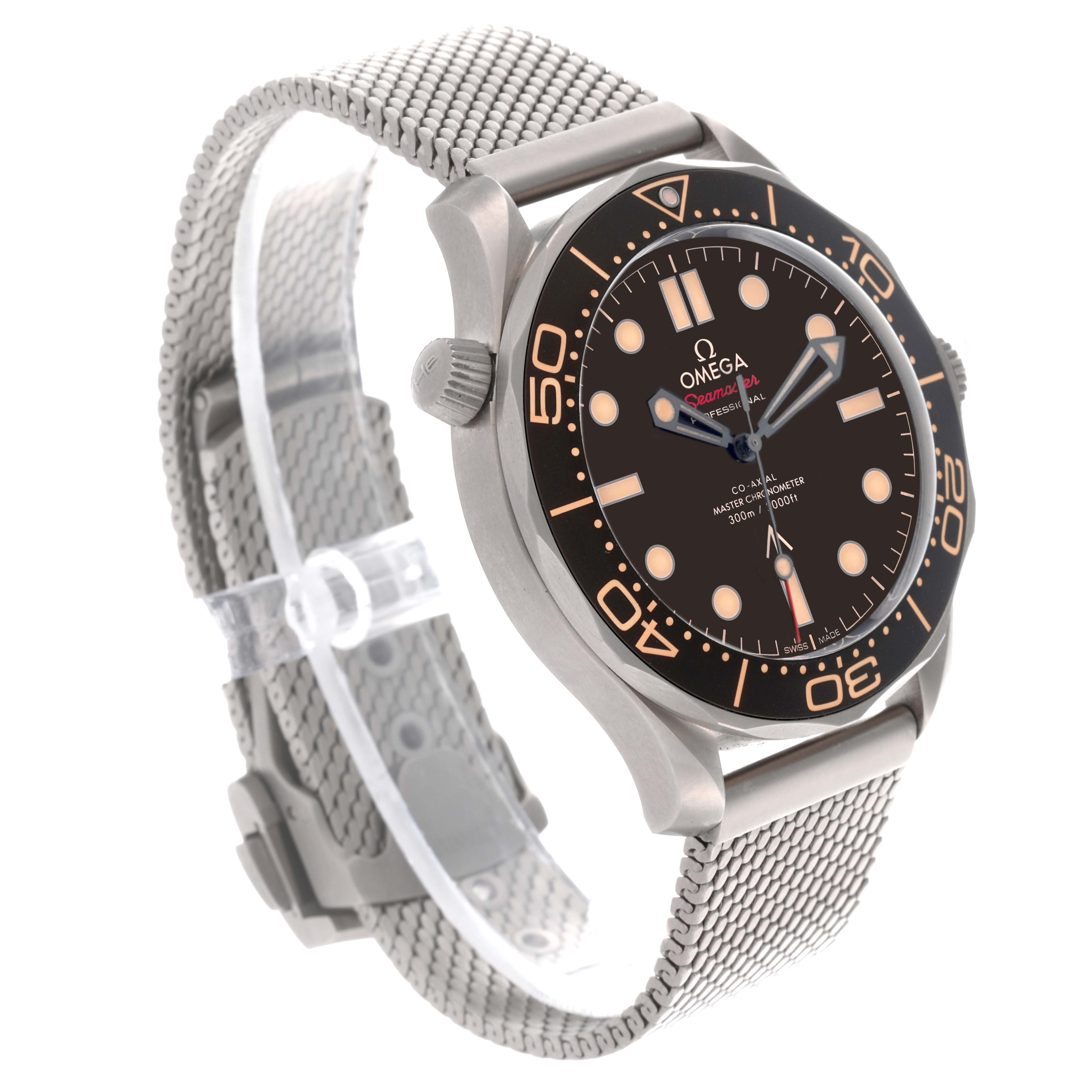 The Omega Seamaster 210.90.42.20.01.001 Men's Titanium Brown Dial 210.90.42.20.01.001 Men's Titanium Brown Dial watch is shown at a three-quarter angle, displaying the face, bezel, and mesh strap.