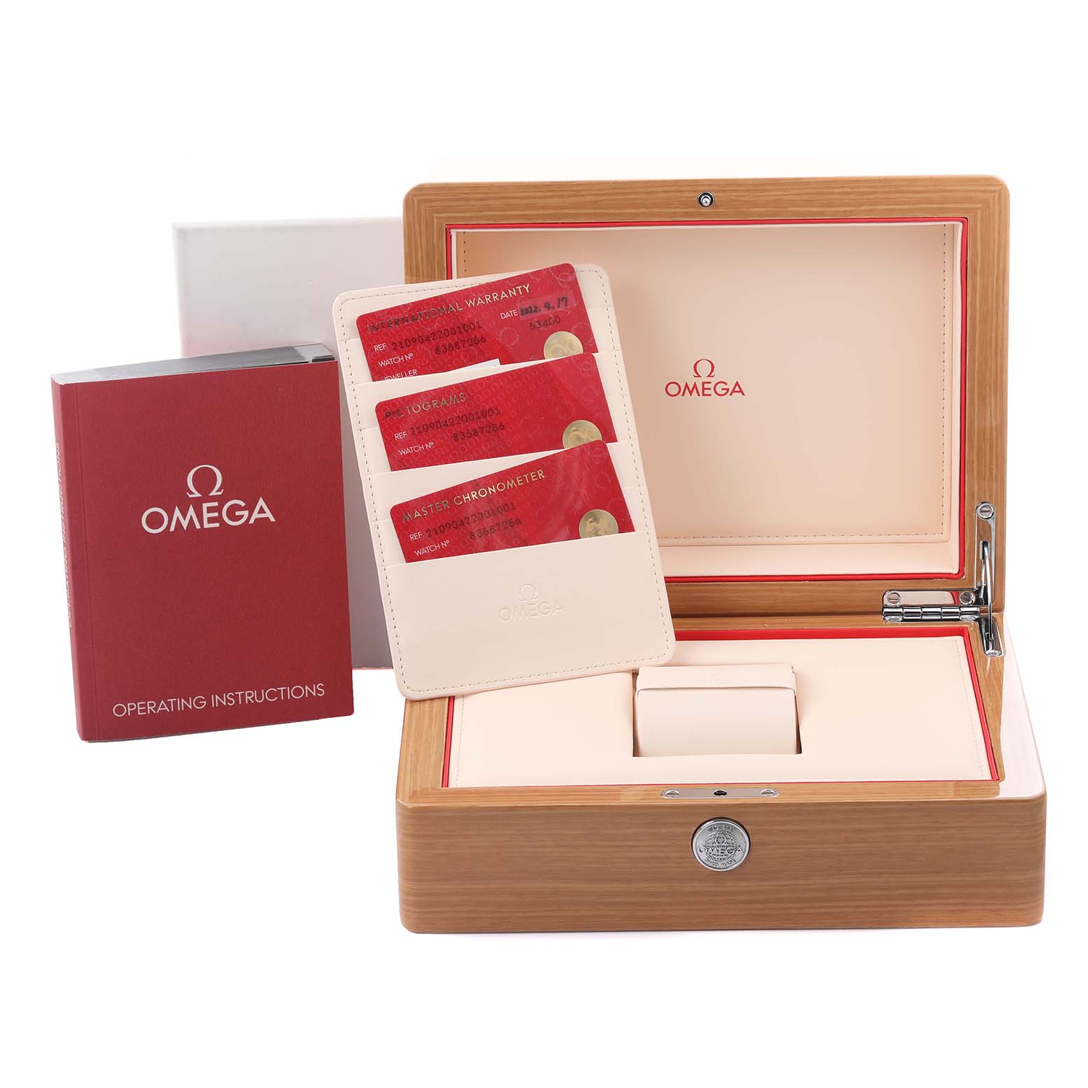 The image shows an Omega Seamaster 210.90.42.20.01.001 Men's Titanium Brown Dial 210.90.42.20.01.001 Men's Titanium Brown Dial watch box, warranty cards, and instruction manual at a front angle.