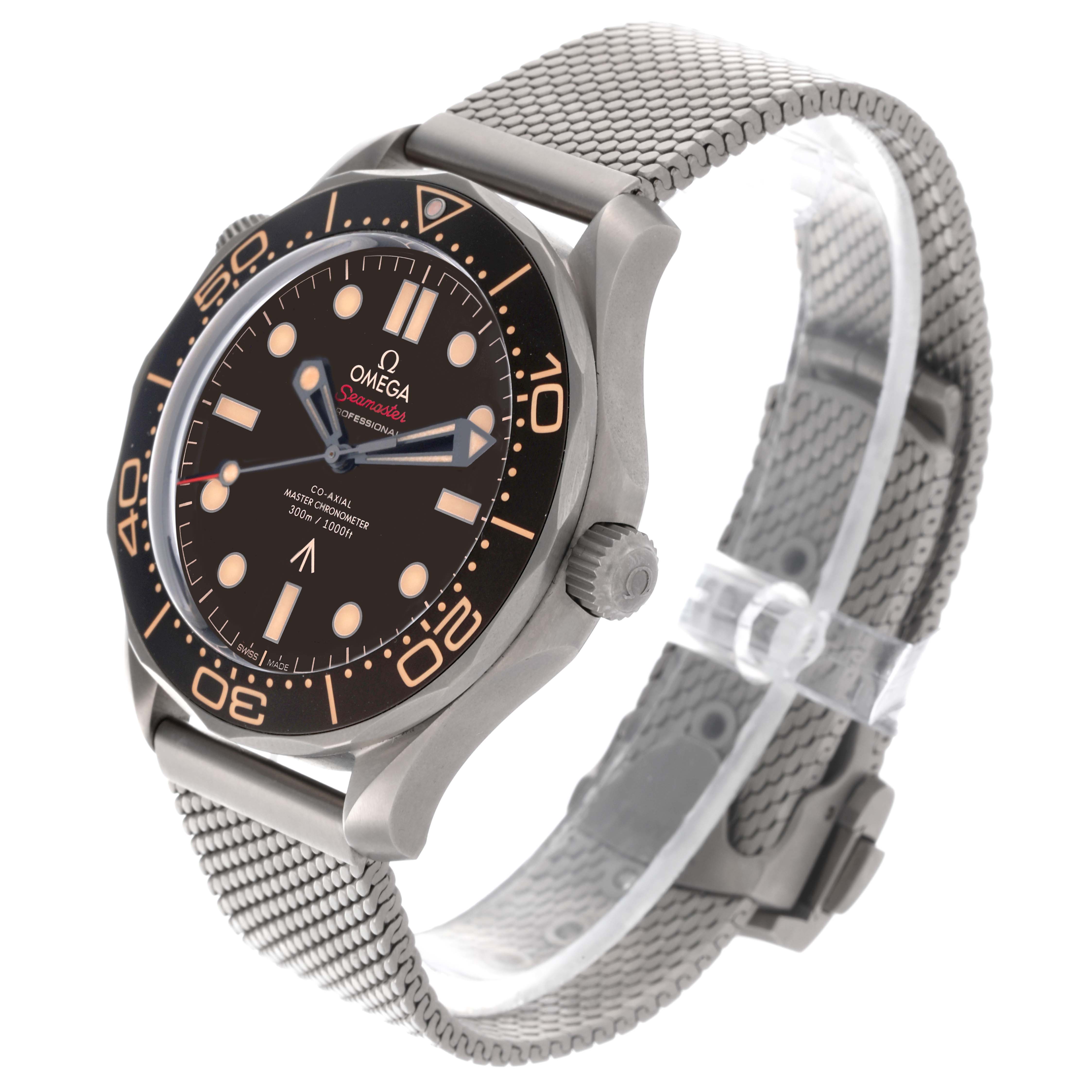 The Omega Seamaster 210.90.42.20.01.001 Men's Titanium Brown Dial 210.90.42.20.01.001 Men's Titanium Brown Dial watch is displayed at an angled view, showing the face, bezel, crown, and mesh strap.