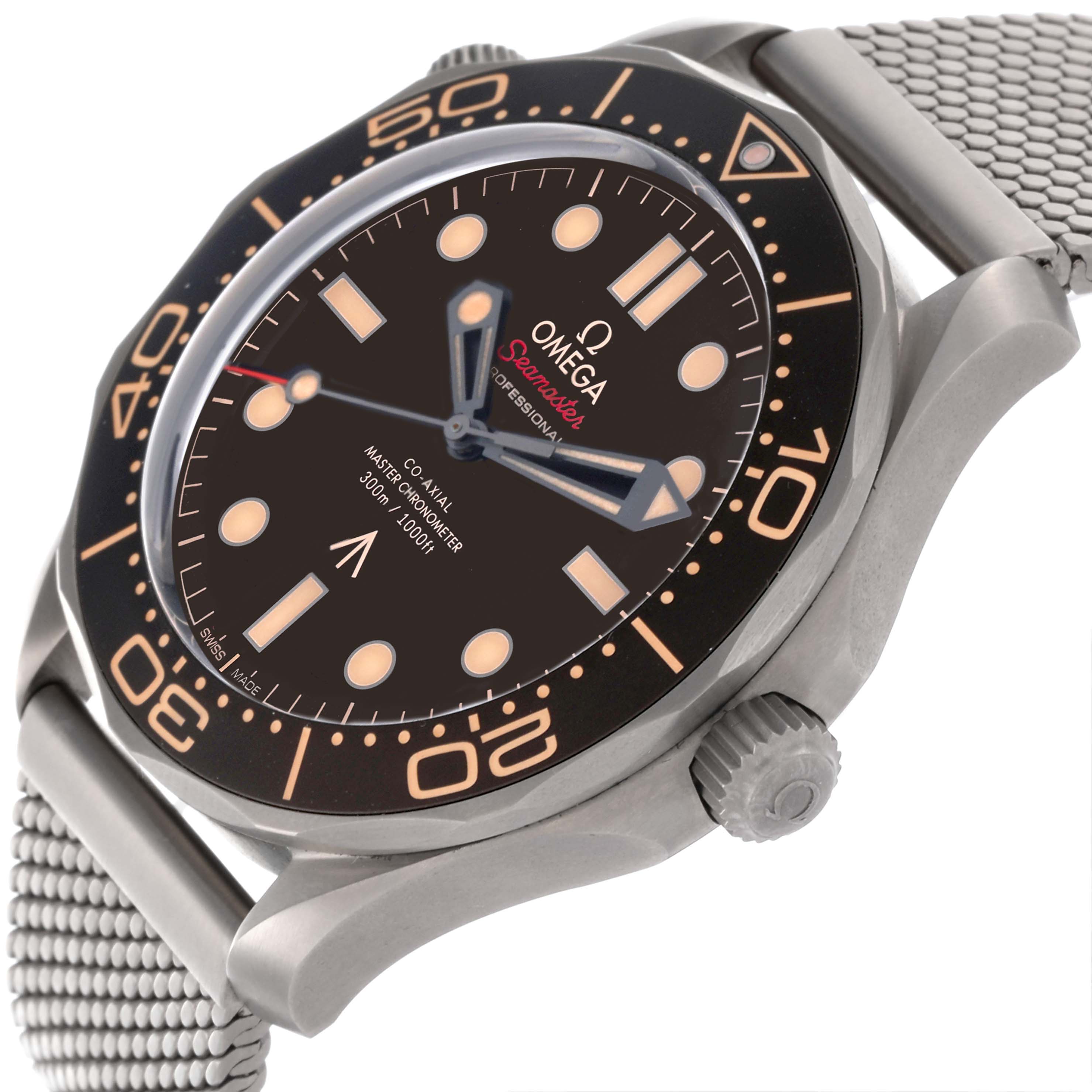 The Omega Seamaster 210.90.42.20.01.001 Men's Titanium Brown Dial 210.90.42.20.01.001 Men's Titanium Brown Dial watch is shown at an angle highlighting the dial, bezel, crown, and part of the mesh strap.