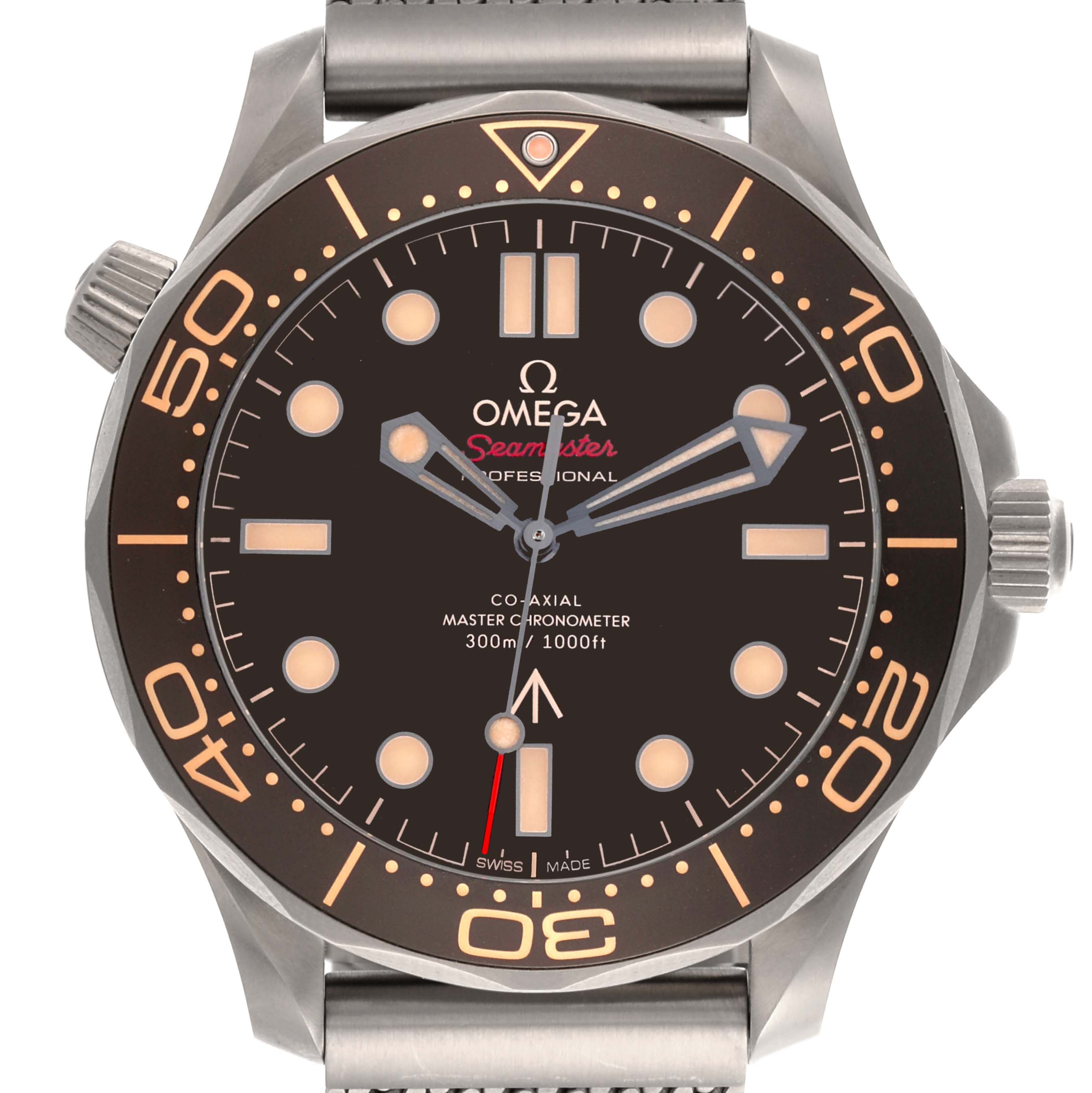 The Omega Seamaster 210.90.42.20.01.001 Men's Titanium Brown Dial 210.90.42.20.01.001 Men's Titanium Brown Dial watch is shown from a top-down angle, highlighting the face, bezel, and crown.