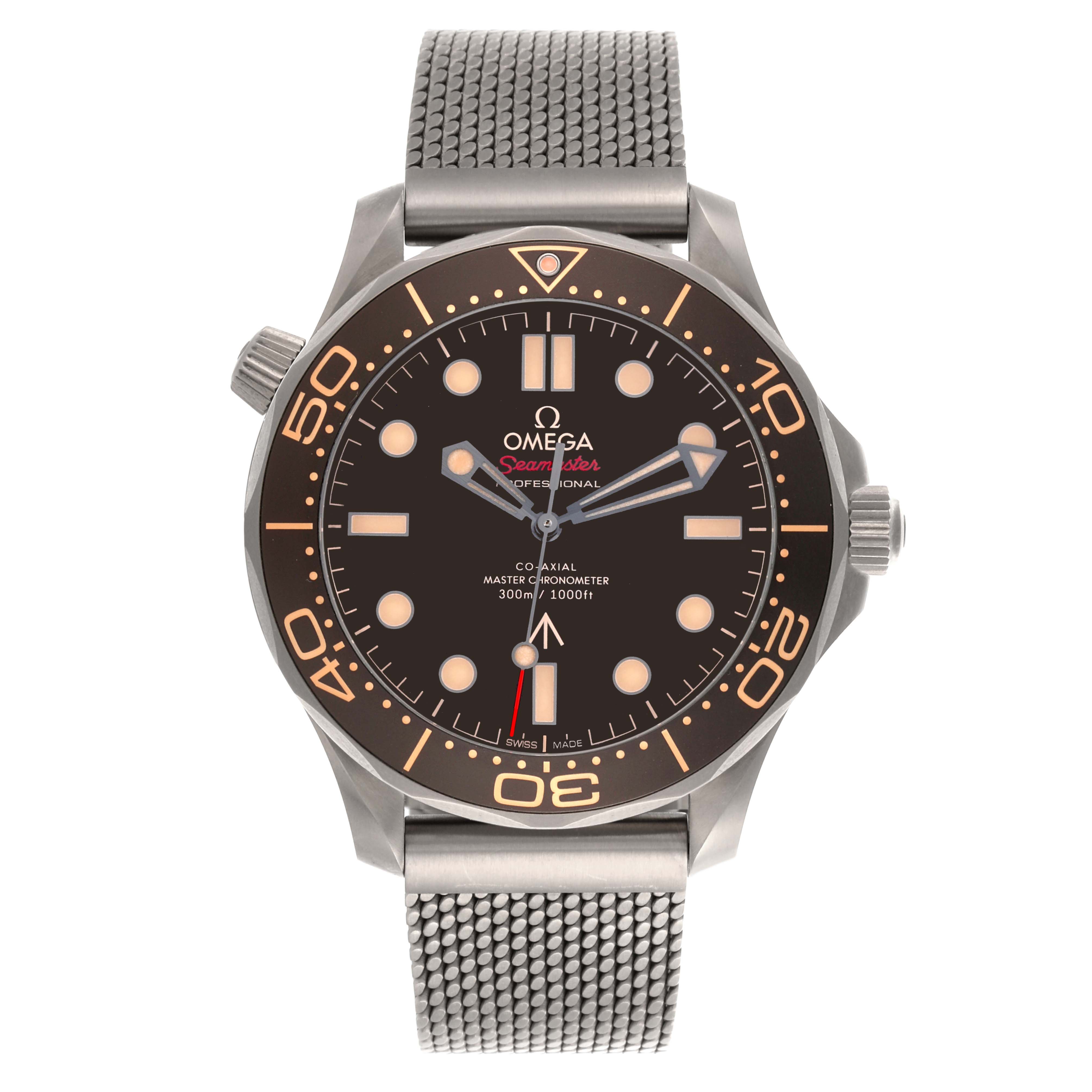 The Omega Seamaster 210.90.42.20.01.001 Men's Titanium Brown Dial 210.90.42.20.01.001 Men's Titanium Brown Dial watch is shown from the front, highlighting its dial, bezel, and mesh strap.