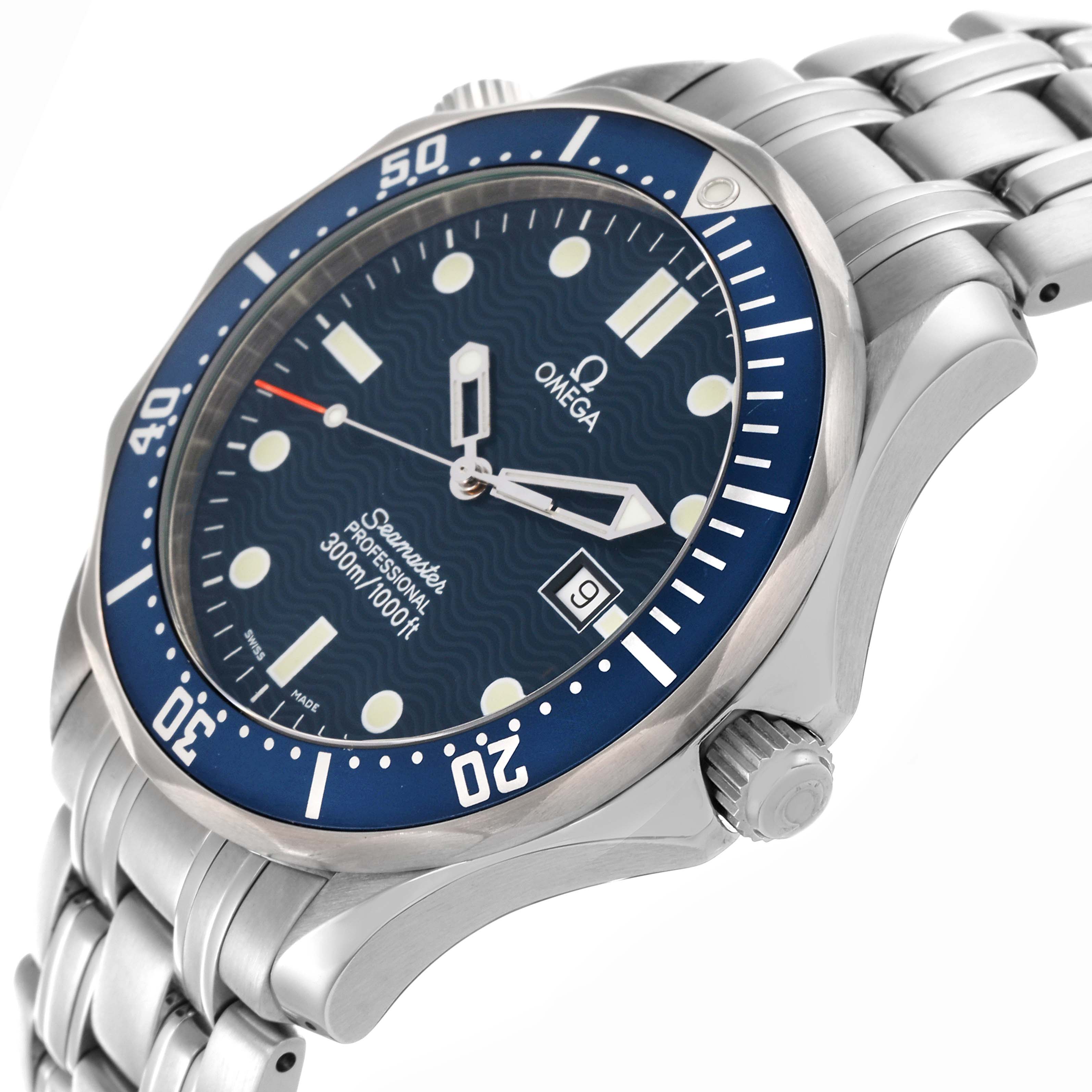 The Omega Seamaster 2541.80.00 Men
s Stainless Steel Blue Dial 2541.80.00 Men
s Stainless Steel Blue Dial watch is shown at an angled view, displaying the blue dial, rotating bezel, crown, and stainless steel bracelet.