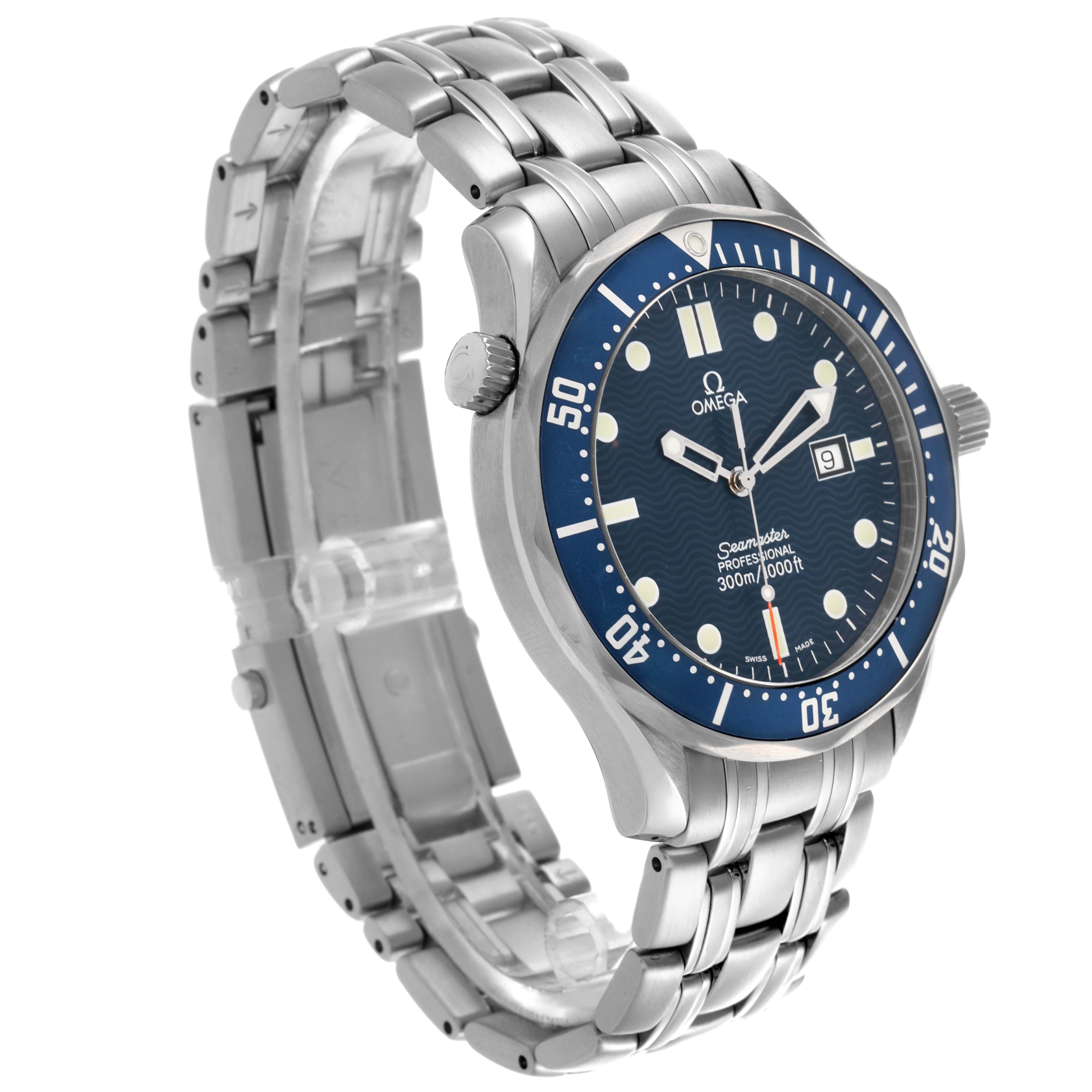 This Omega Seamaster 2541.80.00 Men
s Stainless Steel Blue Dial 2541.80.00 Men
s Stainless Steel Blue Dial watch is shown from above at an angle, highlighting the dial, bezel, and metal bracelet.