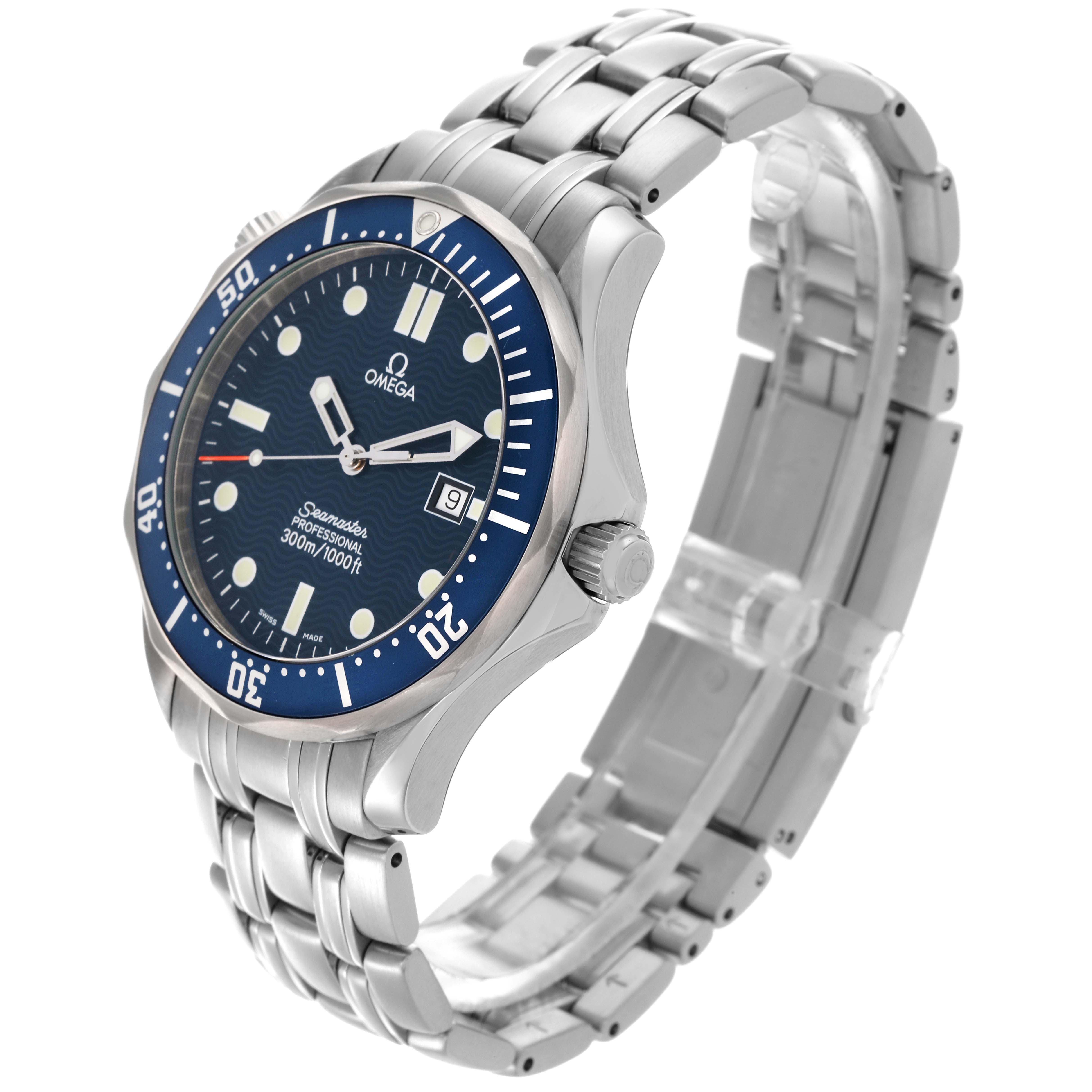 The Omega Seamaster 2541.80.00 Men
s Stainless Steel Blue Dial 2541.80.00 Men
s Stainless Steel Blue Dial watch is shown at an angled side view, highlighting the bezel, bracelet, and dial.
