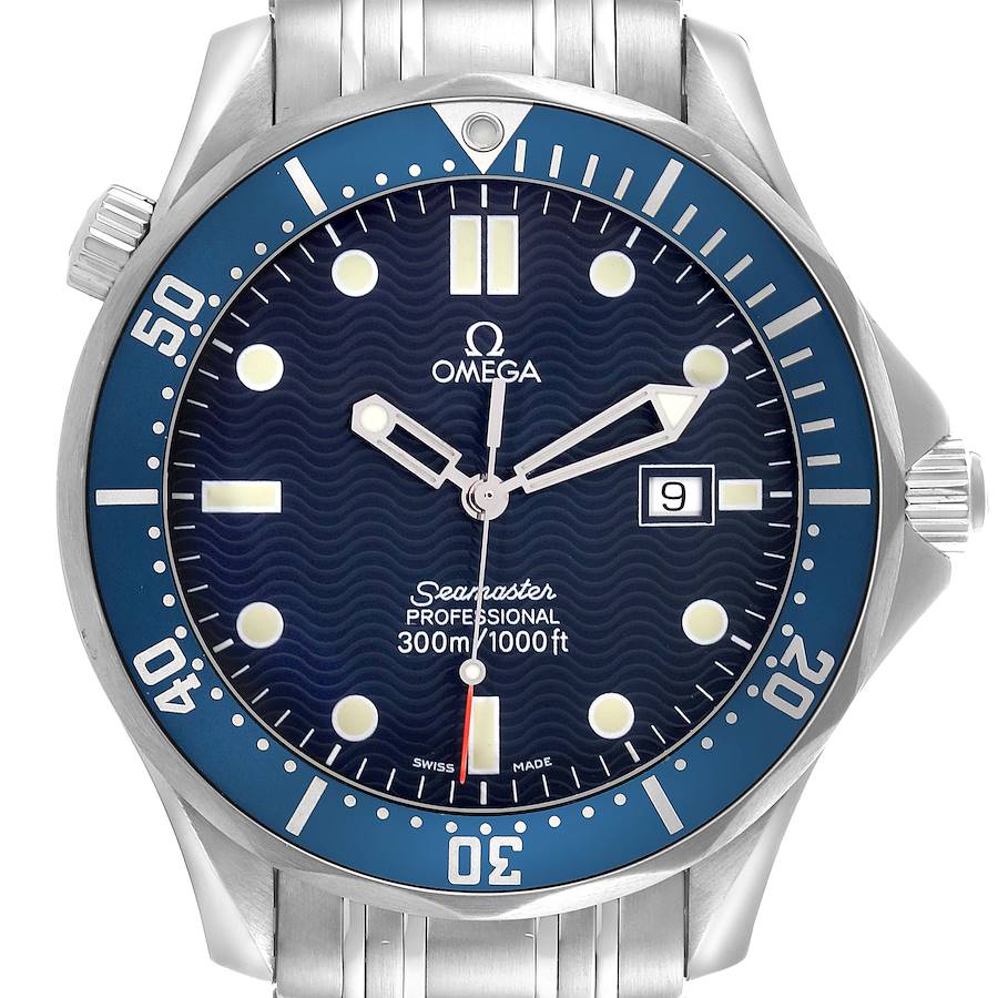 The Omega Seamaster watch is shown from a frontal angle, displaying the face, bezel, crown, and part of the metal bracelet.