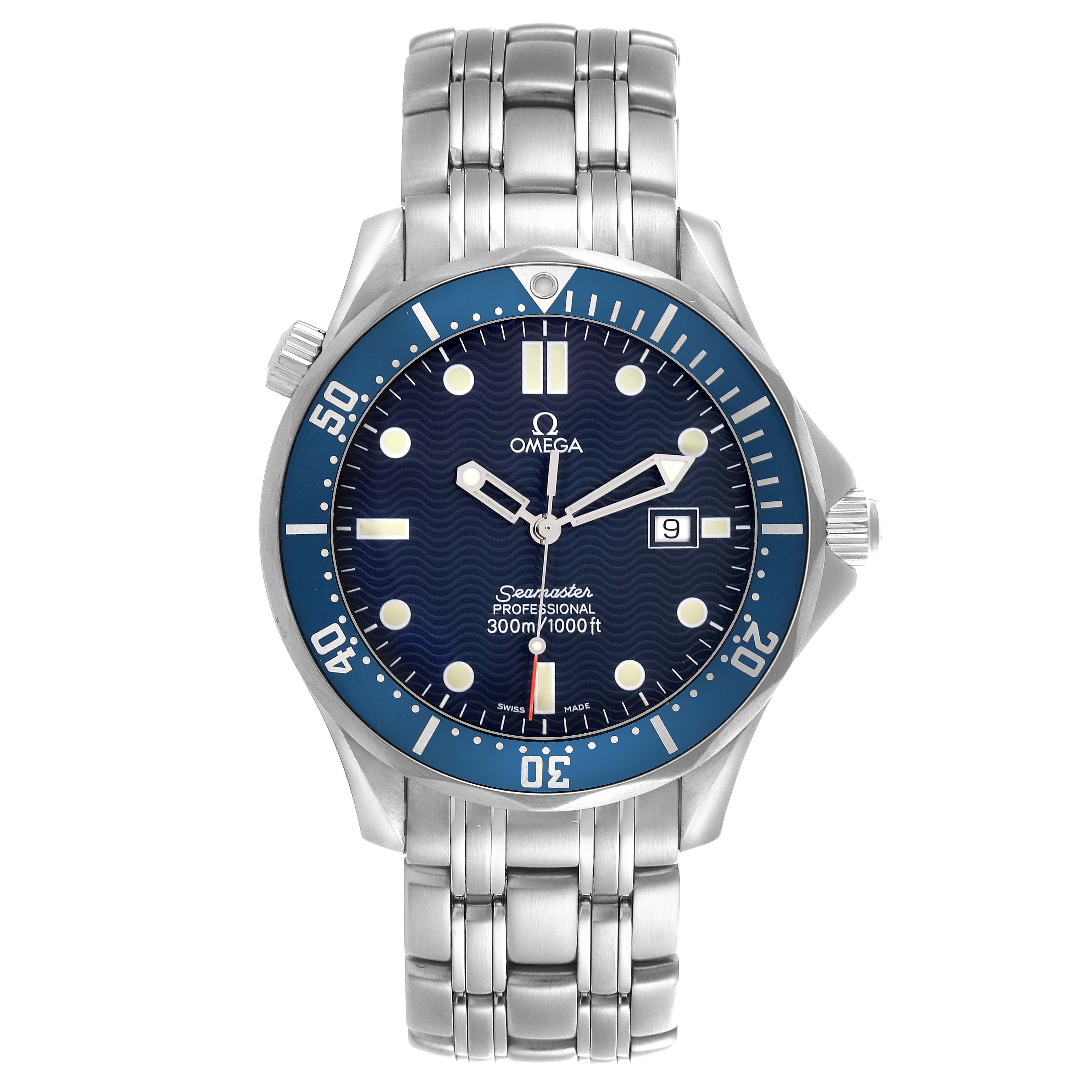 The Omega Seamaster 2541.80.00 Men
s Stainless Steel Blue Dial 2541.80.00 Men
s Stainless Steel Blue Dial watch is shown from a front angle, highlighting its dial, bezel, bracelet, and crown.