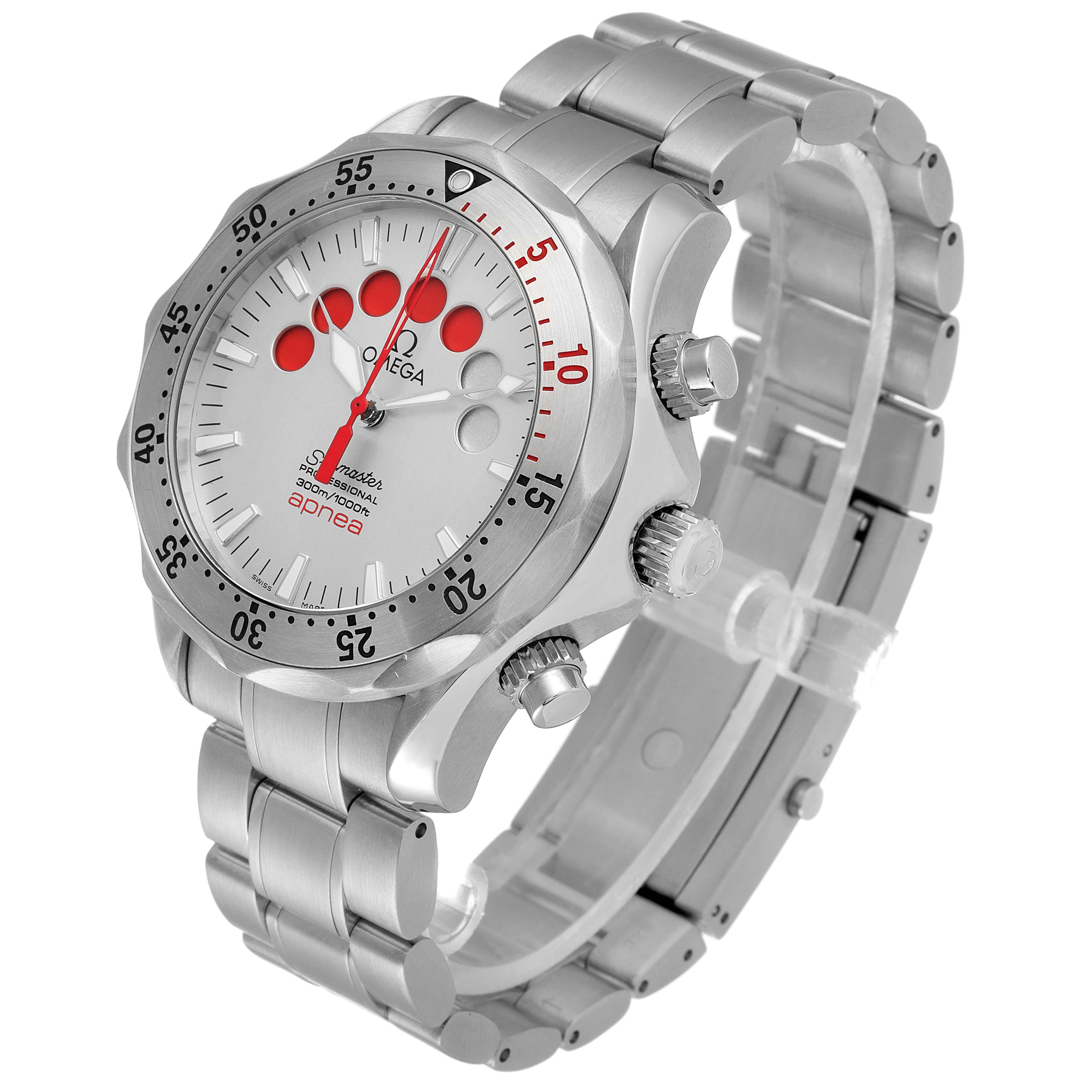 The image shows an Omega Seamaster 2595.30.00 Men's Stainless Steel Silver Dial 2595.30.00 Men's Stainless Steel Silver Dial watch at a three-quarter angle, displaying the band, face, crown, and bezel.