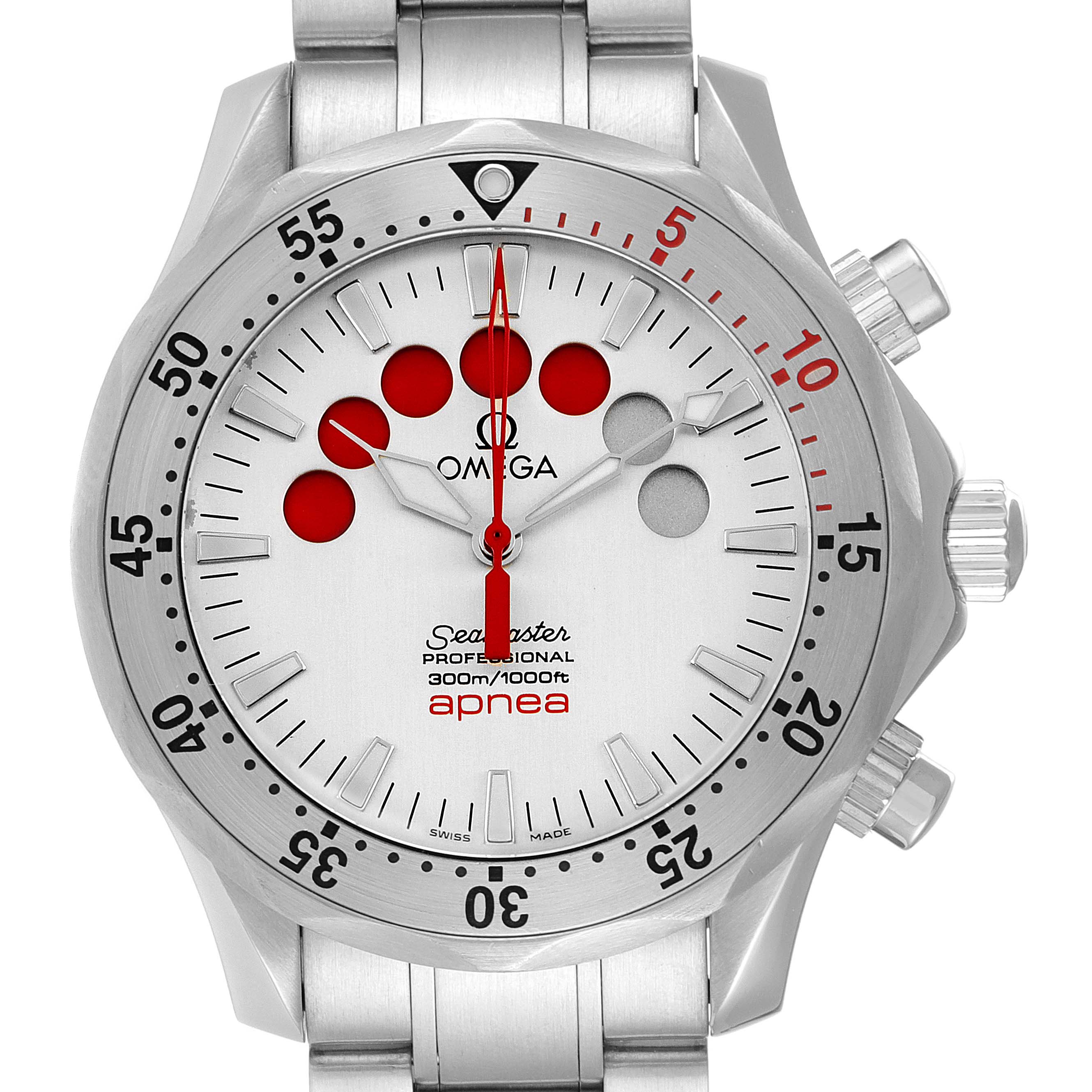 The image shows a front view of an Omega Seamaster 2595.30.00 Men's Stainless Steel Silver Dial 2595.30.00 Men's Stainless Steel Silver Dial Professional Apnea watch, highlighting its face, bezel, and stainless steel bracelet.