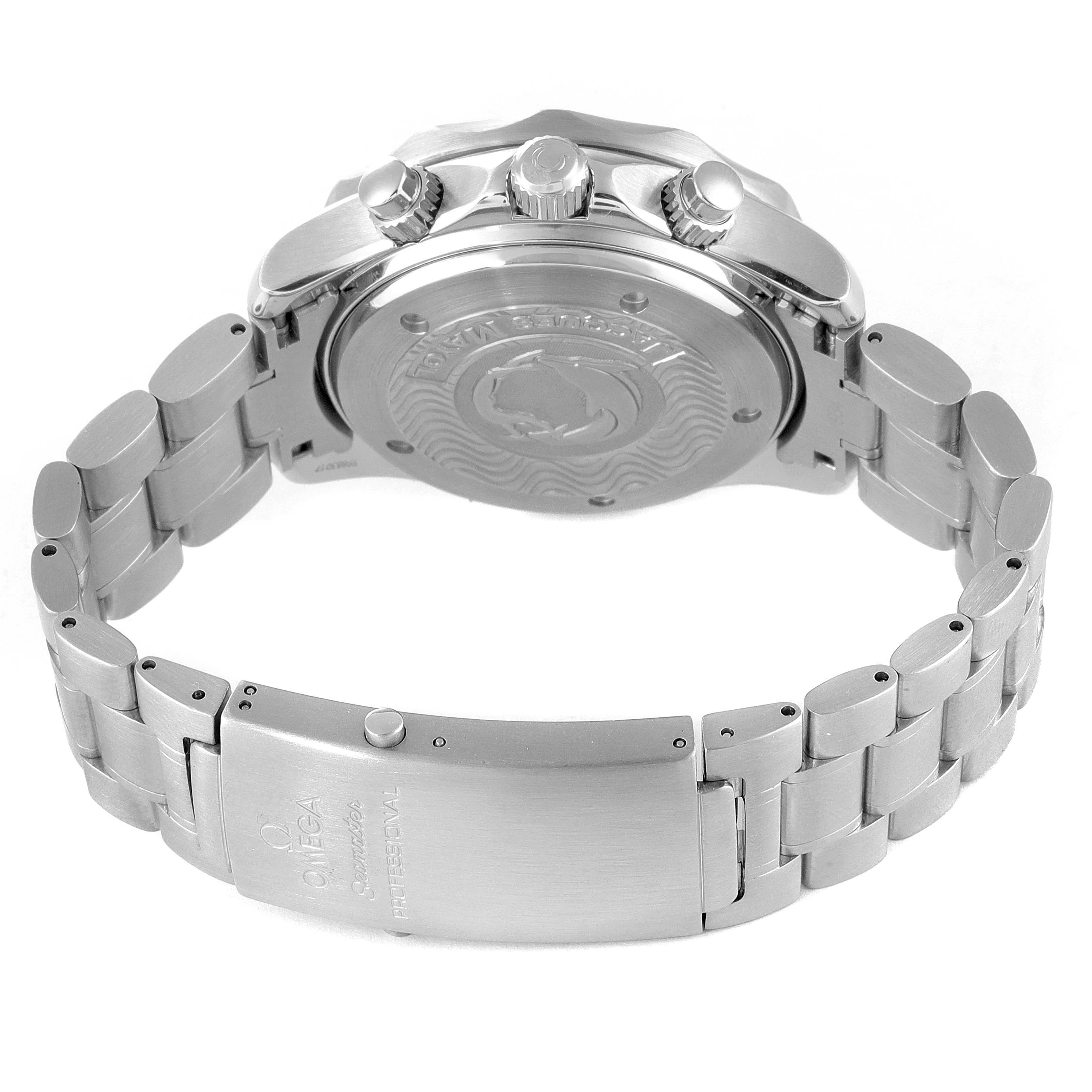 The image shows the back, crown, and bracelet clasp of an Omega Seamaster 2595.30.00 Men's Stainless Steel Silver Dial 2595.30.00 Men's Stainless Steel Silver Dial watch.