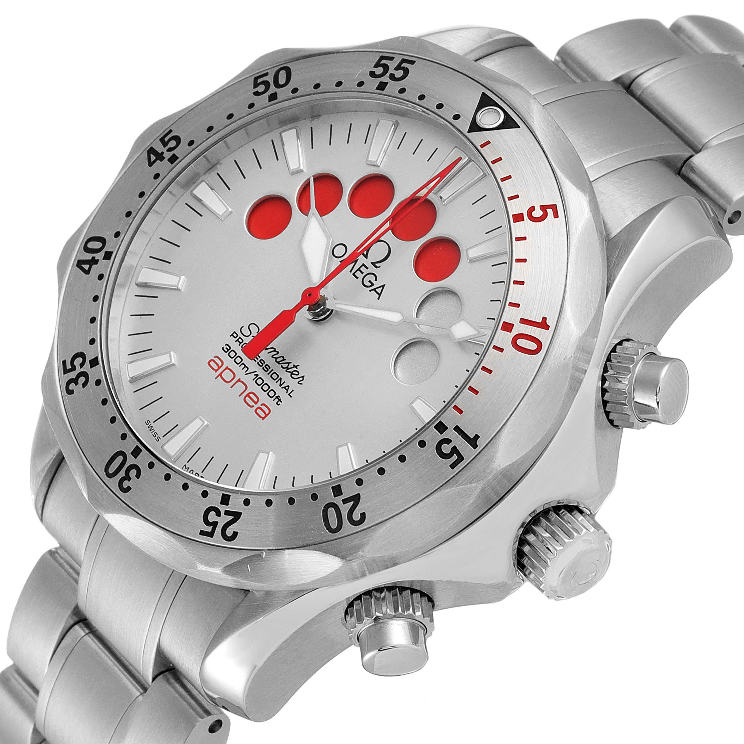 This image showcases the Omega Seamaster 2595.30.00 Men's Stainless Steel Silver Dial 2595.30.00 Men's Stainless Steel Silver Dial Apnea watch from an angled side view, highlighting the face, bezel, and stainless steel bracelet.