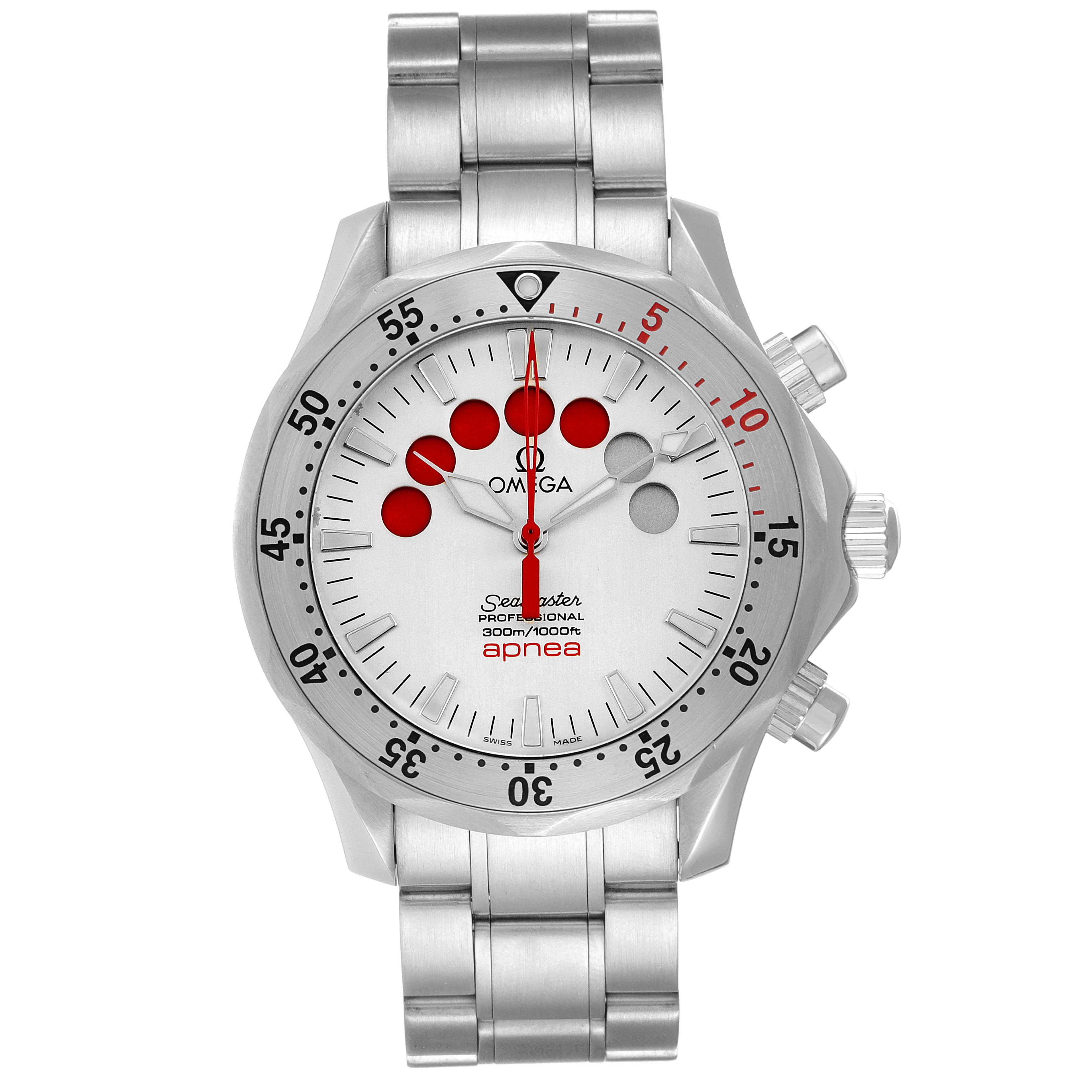 The image shows a front view of the Omega Seamaster 2595.30.00 Men's Stainless Steel Silver Dial 2595.30.00 Men's Stainless Steel Silver Dial Apnea watch, displaying the face, bezel, and bracelet.