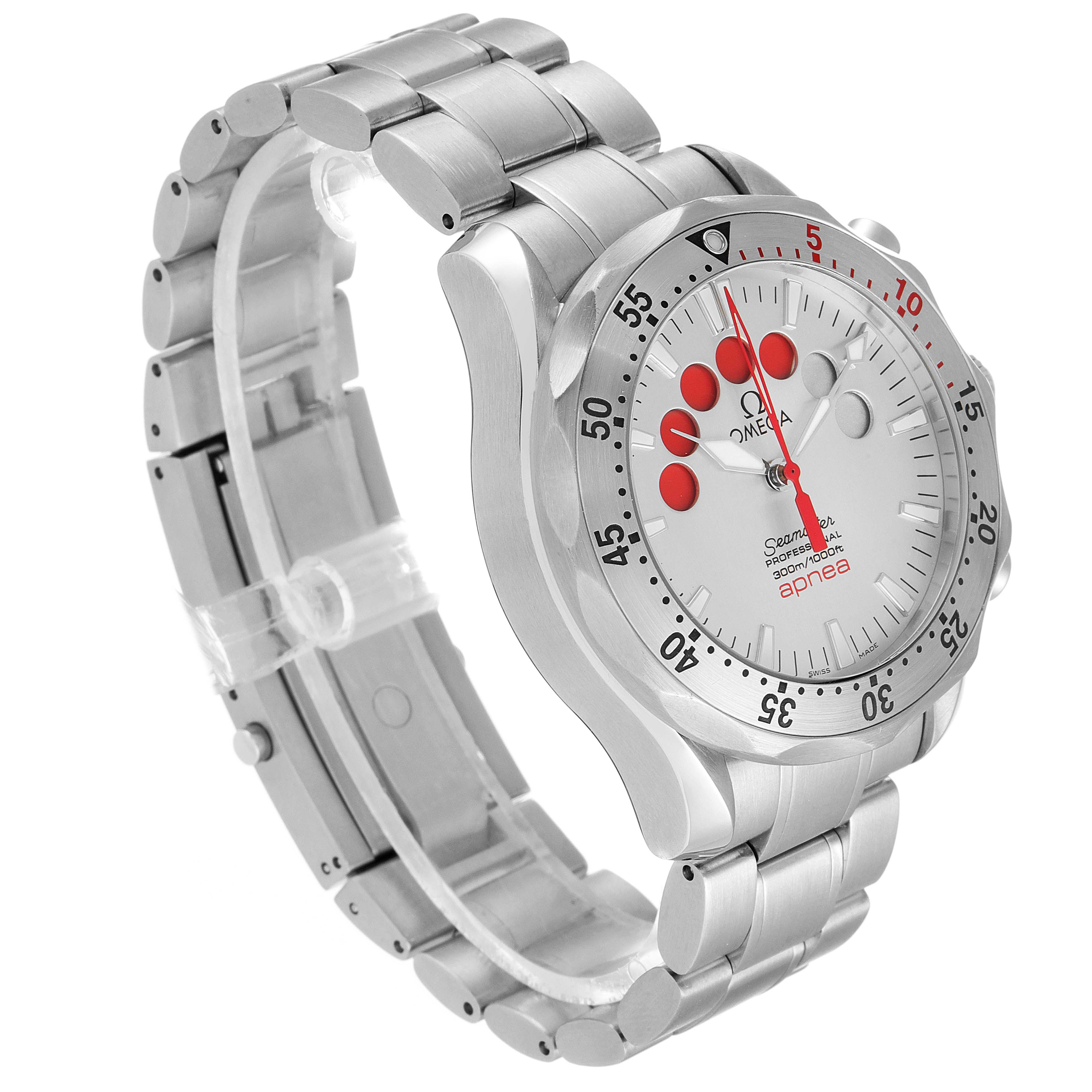 The Omega Seamaster 2595.30.00 Men's Stainless Steel Silver Dial 2595.30.00 Men's Stainless Steel Silver Dial watch is shown at a three-quarter angle, showcasing the watch face, bezel, and metal bracelet.