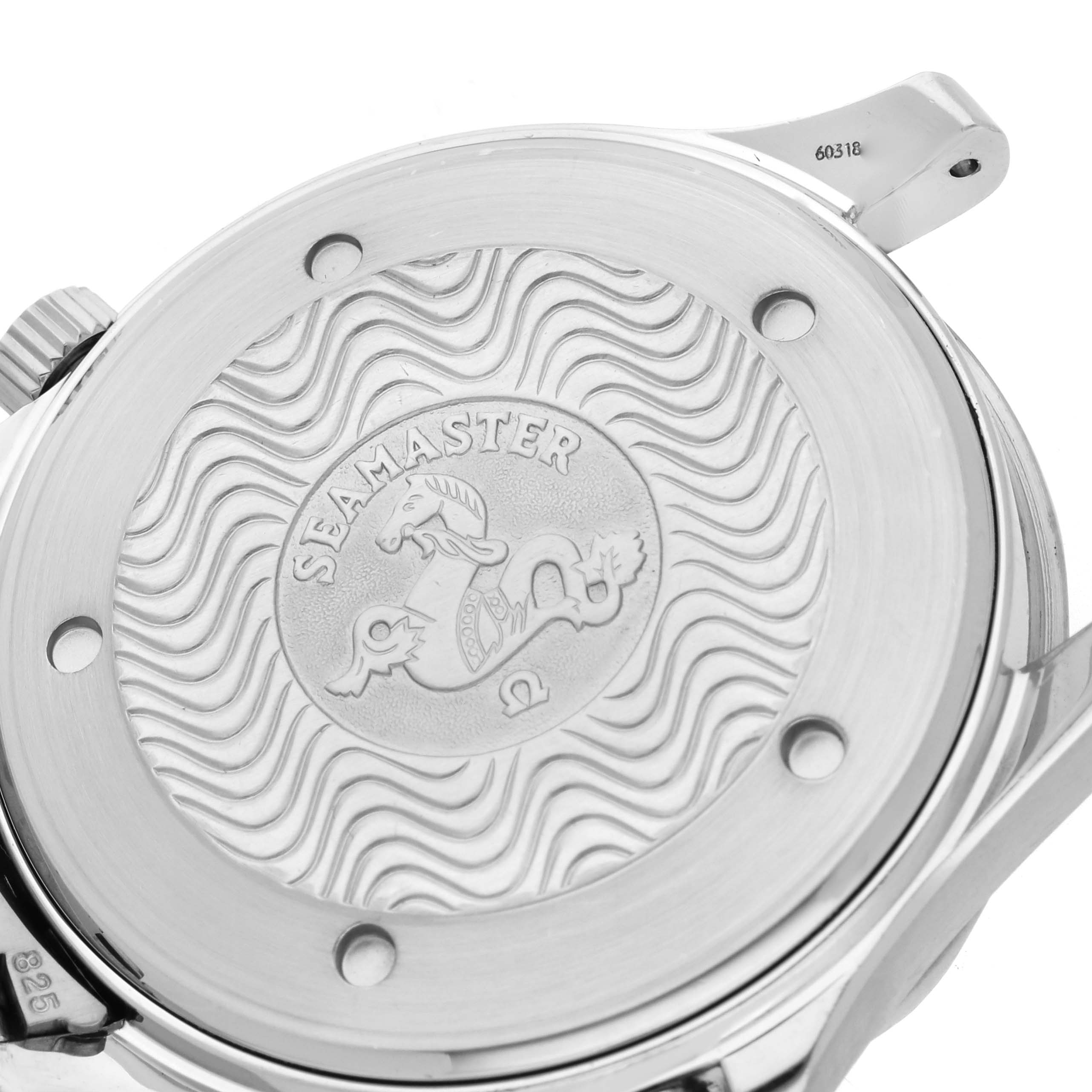 The image shows the case back and part of the crown of an Omega Seamaster 2531.80.00 Men
s Stainless Steel Blue Dial 2531.80.00 Men
s Stainless Steel Blue Dial watch with engraved details.