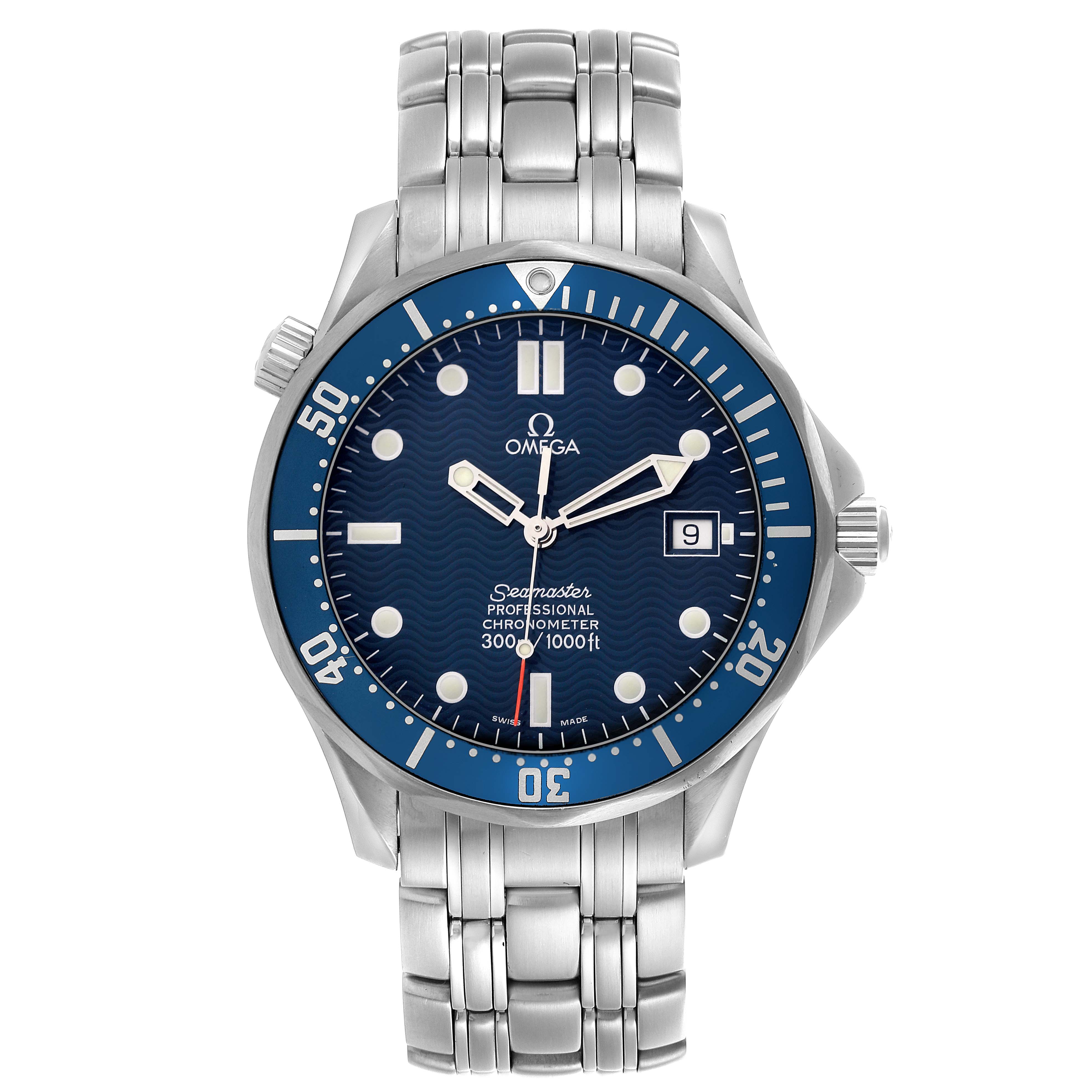 The Omega Seamaster 2531.80.00 Men
s Stainless Steel Blue Dial 2531.80.00 Men
s Stainless Steel Blue Dial watch is shown from the front, highlighting its dial, bezel, bracelet, and crown.