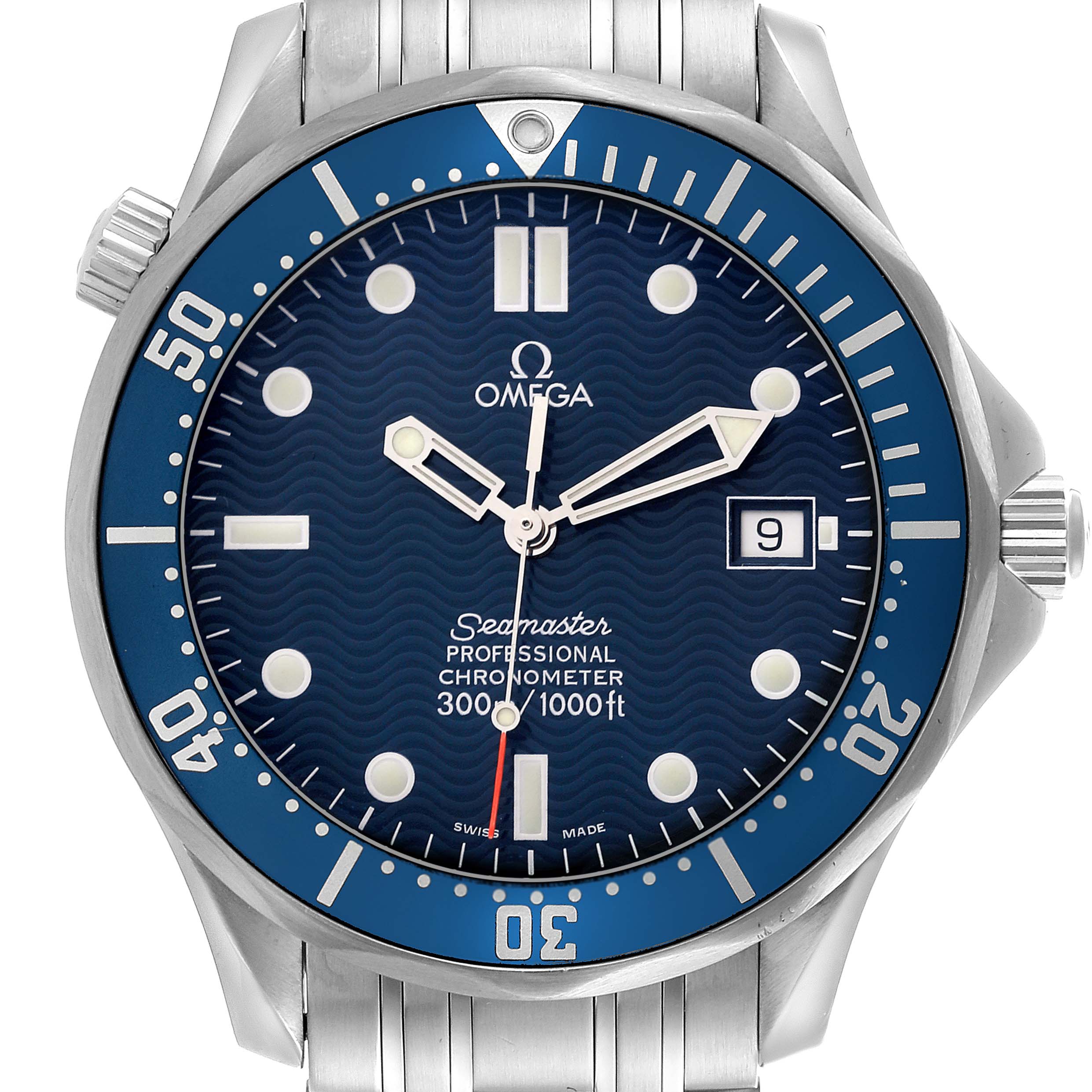 The image shows a front view of the Omega Seamaster 2531.80.00 Men
s Stainless Steel Blue Dial 2531.80.00 Men
s Stainless Steel Blue Dial watch, highlighting its blue dial and metal bracelet.
