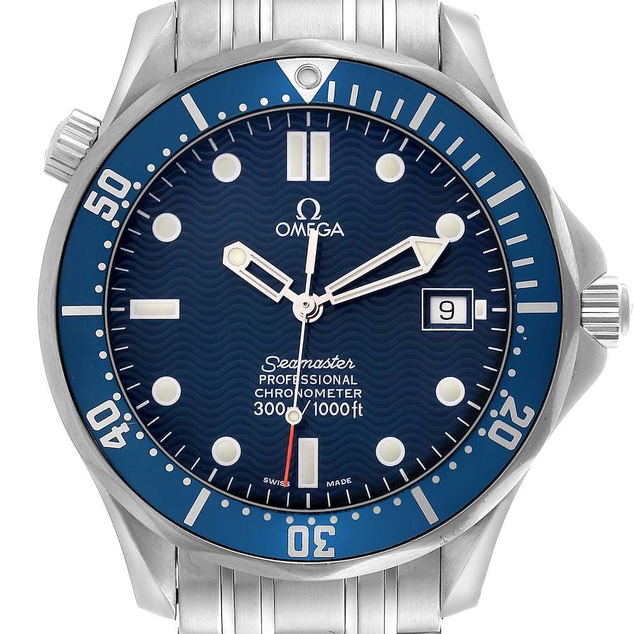 The image shows a front view of the Omega Seamaster watch, highlighting its blue dial and metal bracelet.