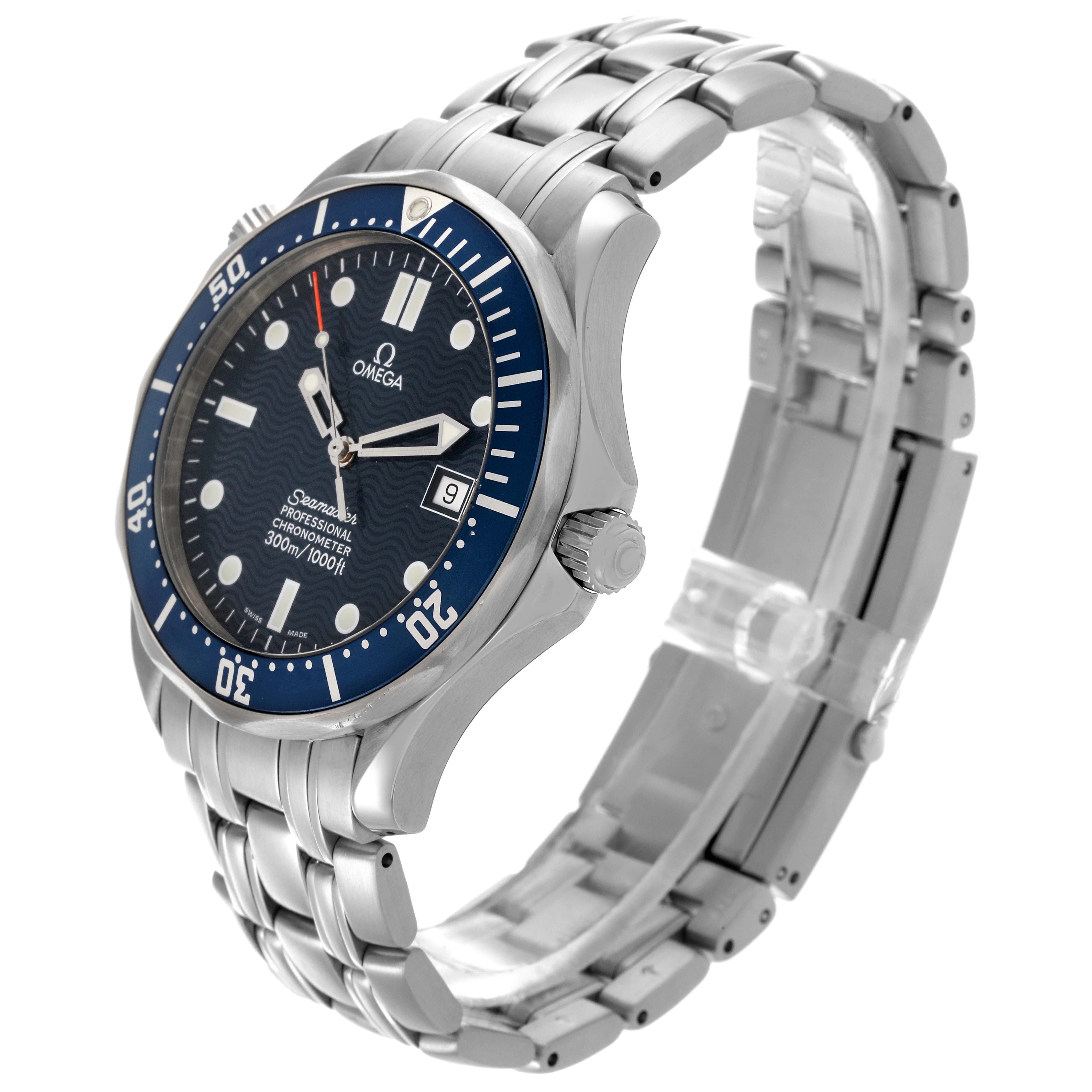 The Omega Seamaster 2531.80.00 Men
s Stainless Steel Blue Dial 2531.80.00 Men
s Stainless Steel Blue Dial model is shown from a three-quarter angle, highlighting the dial, bezel, crown, and metal bracelet.