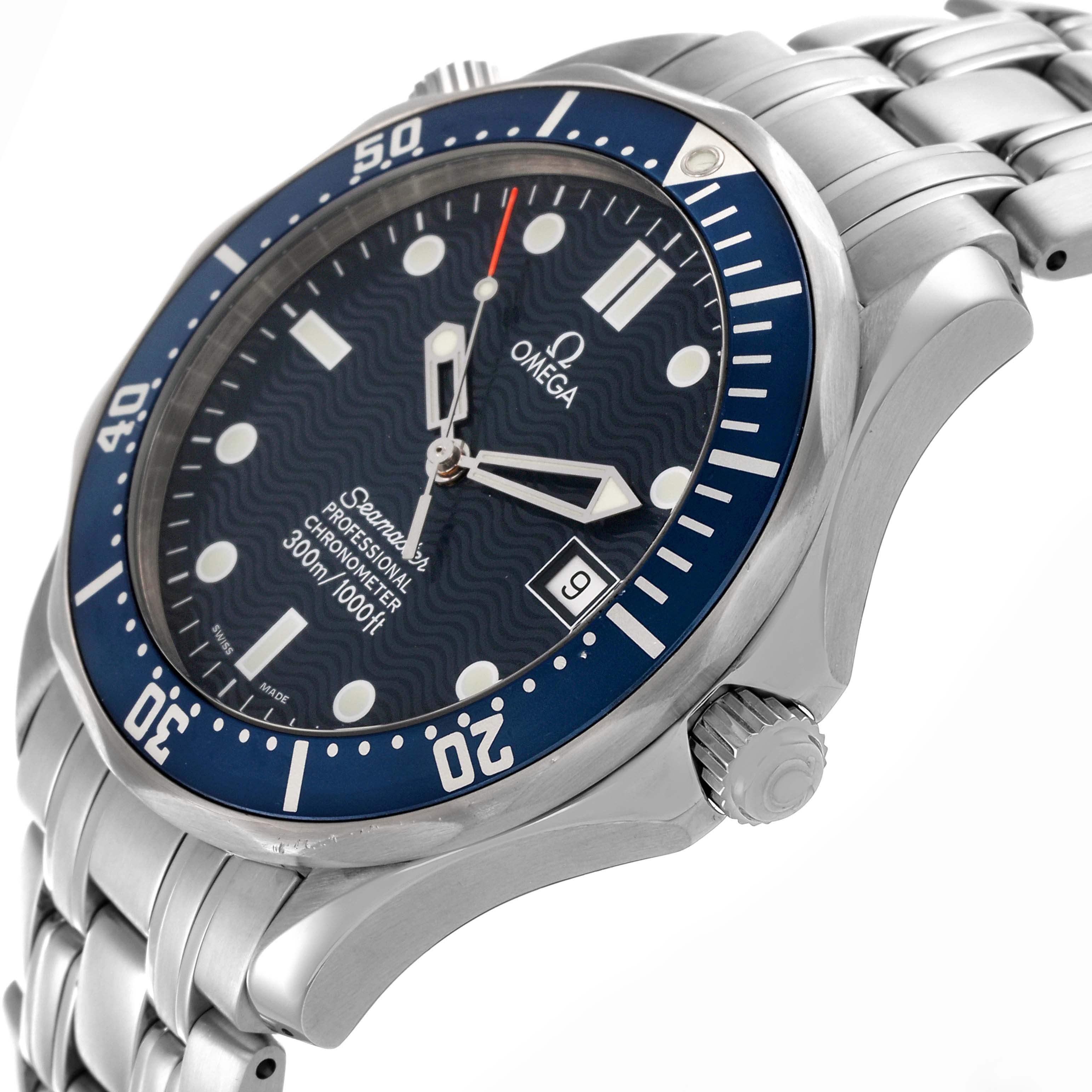 The Omega Seamaster 2531.80.00 Men
s Stainless Steel Blue Dial 2531.80.00 Men
s Stainless Steel Blue Dial watch is shown at an angled side view, displaying the bezel, dial, crown, and bracelet.