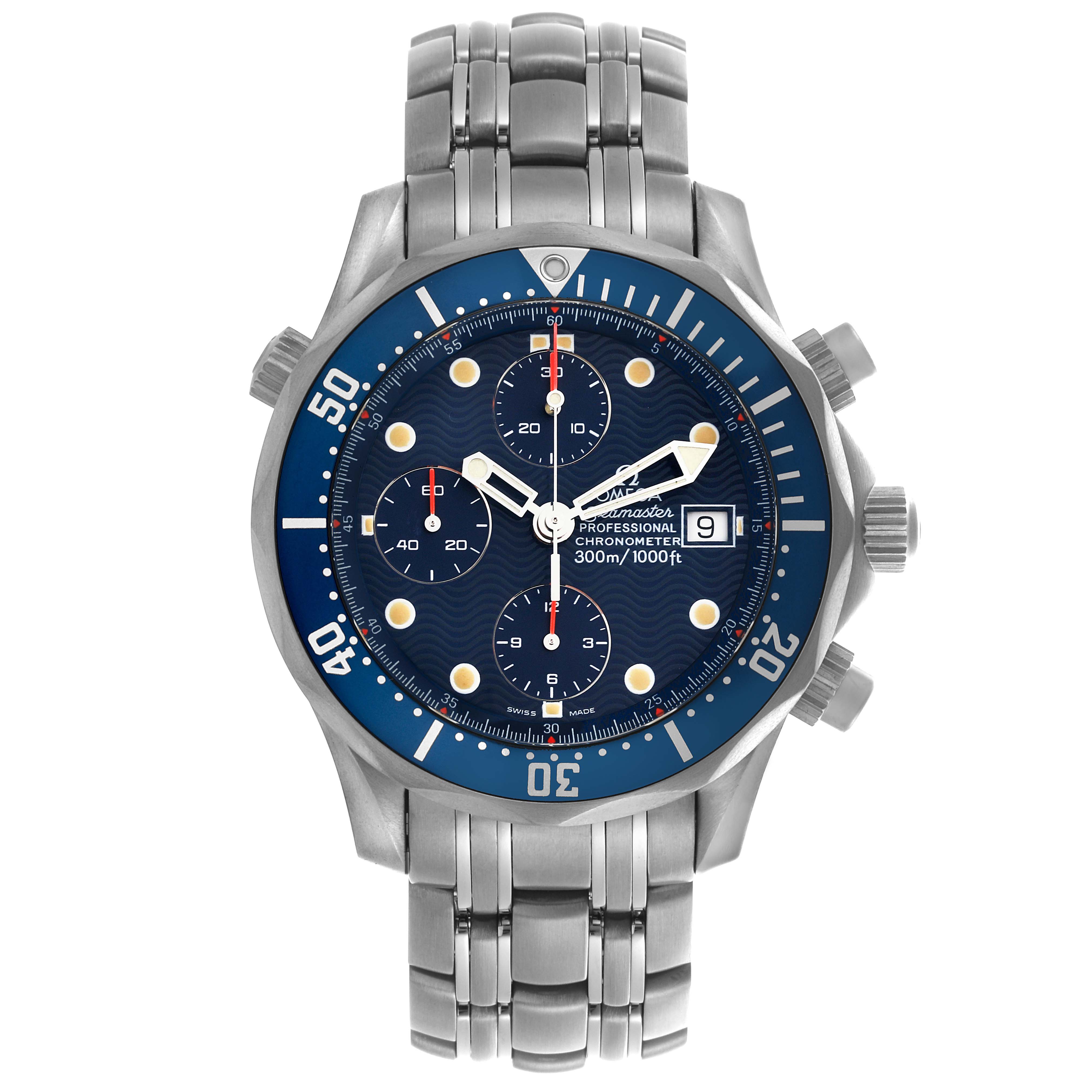 The Omega Seamaster 2298.80.00 Men's Titanium Blue Dial 2298.80.00 Men's Titanium Blue Dial watch is shown from the front, displaying its blue dial, chronograph subdials, date window, and stainless steel bracelet.