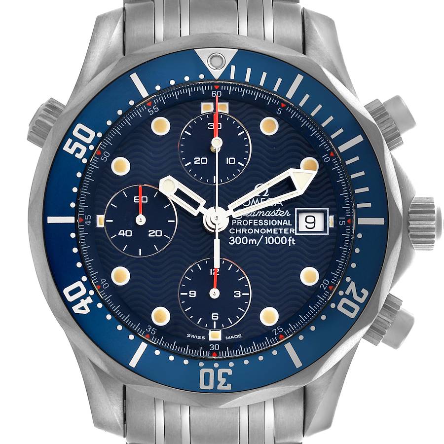 The Omega Seamaster watch is shown from the front, displaying its dial, bezel, subdials, and date window.