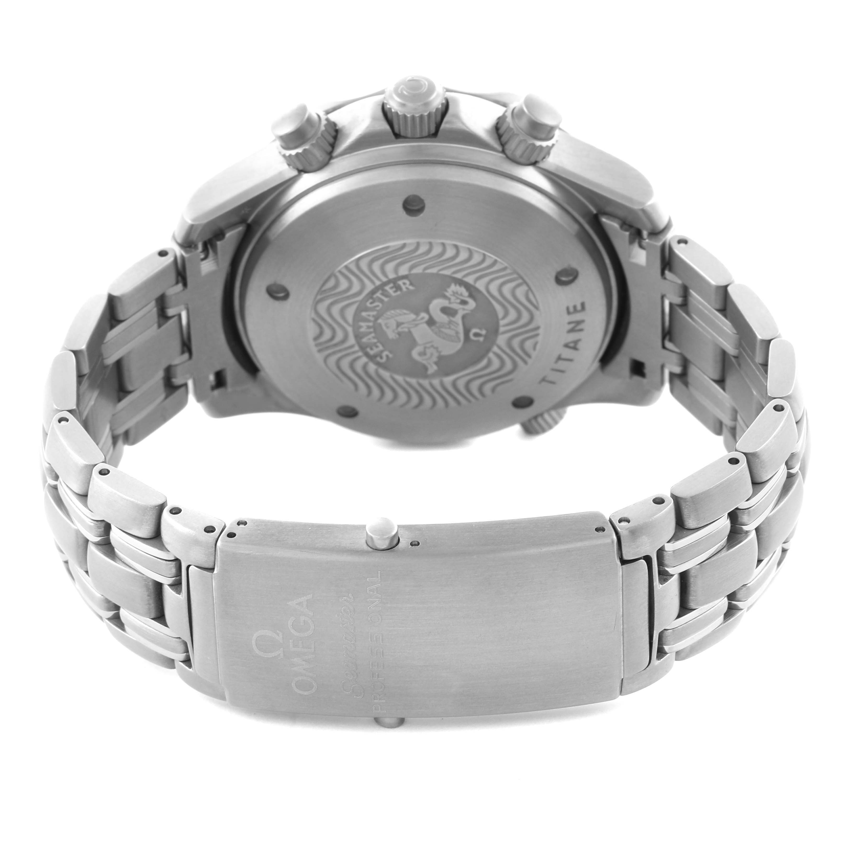 The image shows the back case, clasp, and part of the bracelet of an Omega Seamaster 2298.80.00 Men's Titanium Blue Dial 2298.80.00 Men's Titanium Blue Dial watch, viewed from a rear angle.