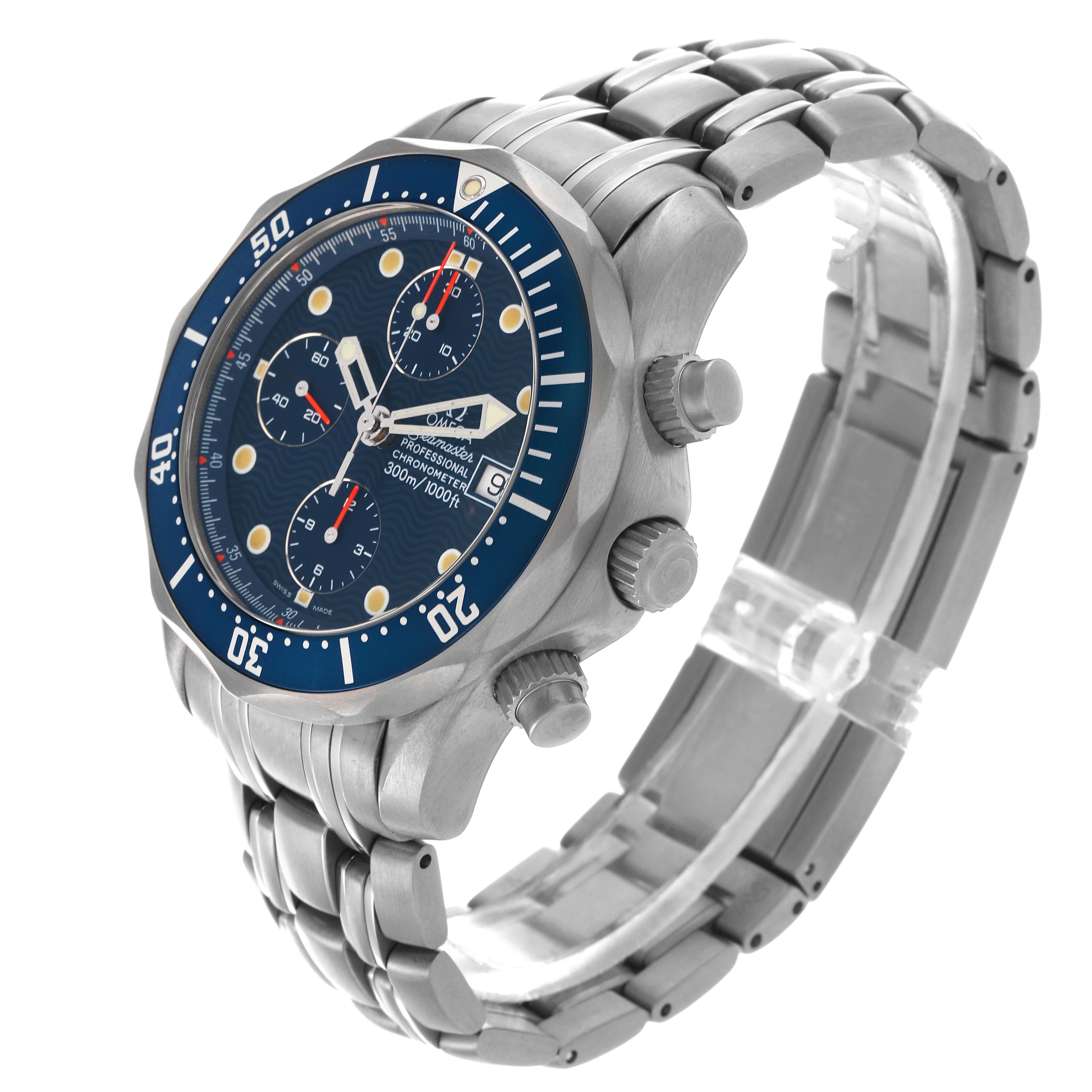 The Omega Seamaster 2298.80.00 Men's Titanium Blue Dial 2298.80.00 Men's Titanium Blue Dial watch is shown at a three-quarter angle, highlighting the face, bezel, and bracelet.