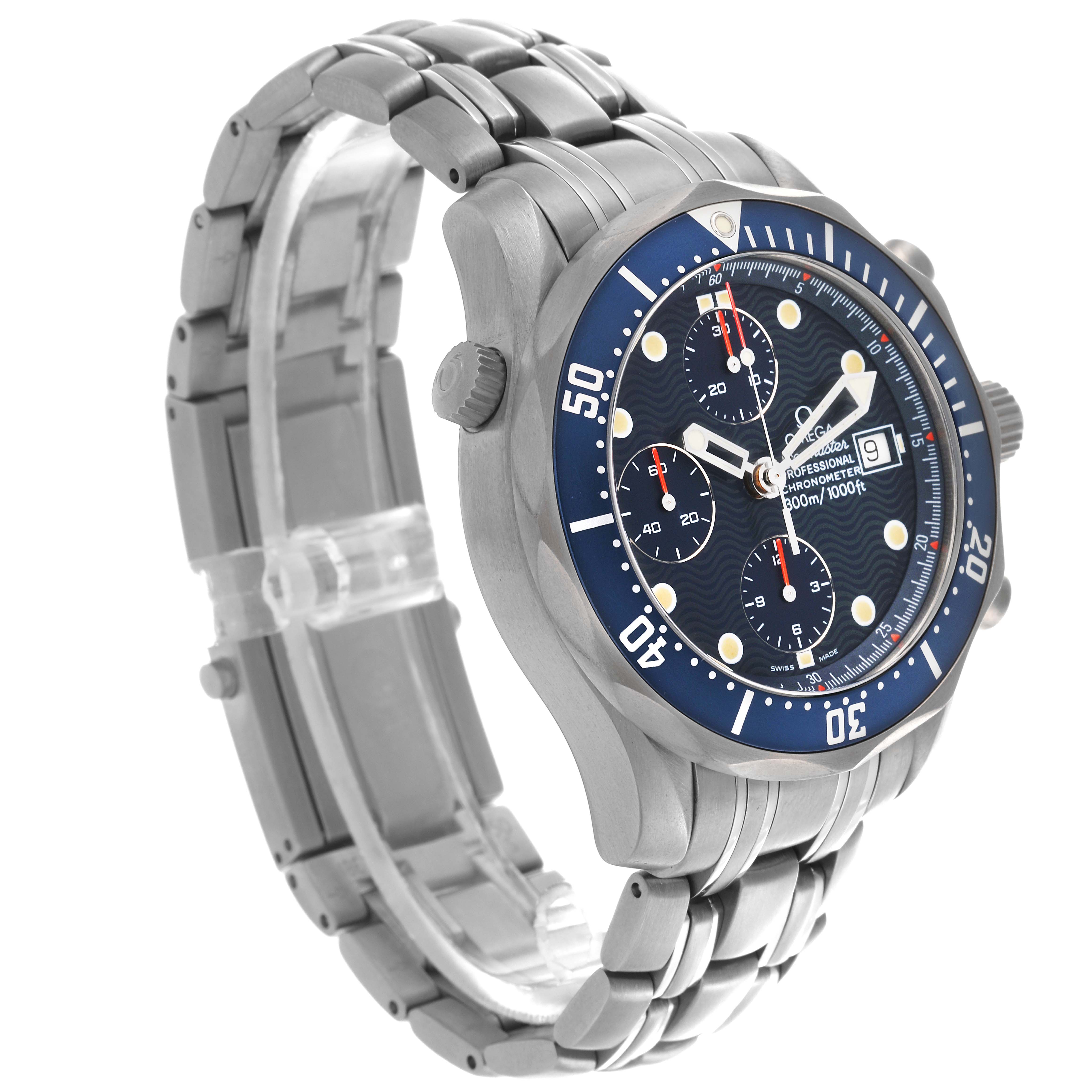 The Omega Seamaster 2298.80.00 Men's Titanium Blue Dial 2298.80.00 Men's Titanium Blue Dial watch is shown at a slight angle, displaying the face, bezel, and metal bracelet.