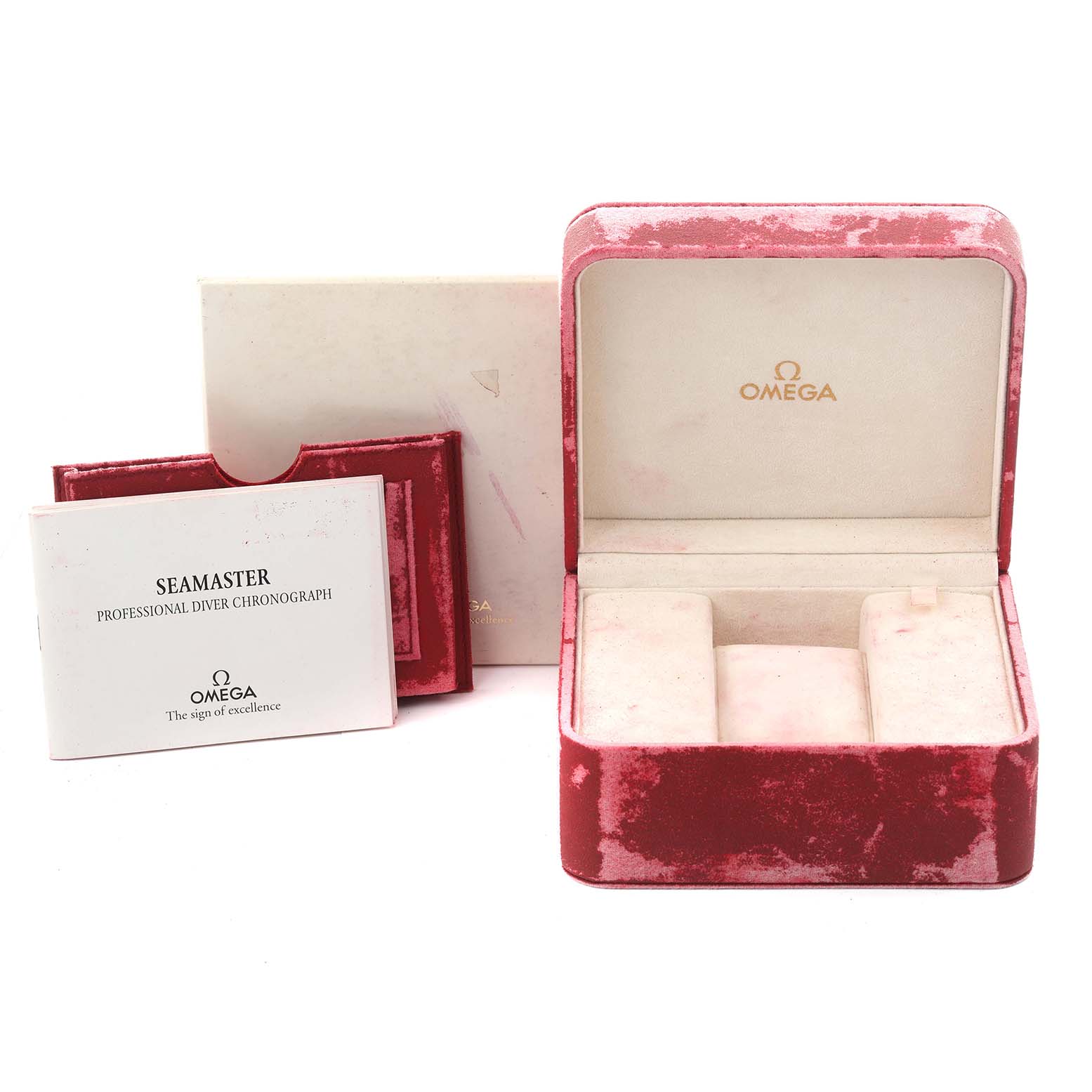 The image shows an Omega Seamaster 2298.80.00 Men's Titanium Blue Dial 2298.80.00 Men's Titanium Blue Dial watch box, open with visible red velvet, and accompanying booklets angled to the side.