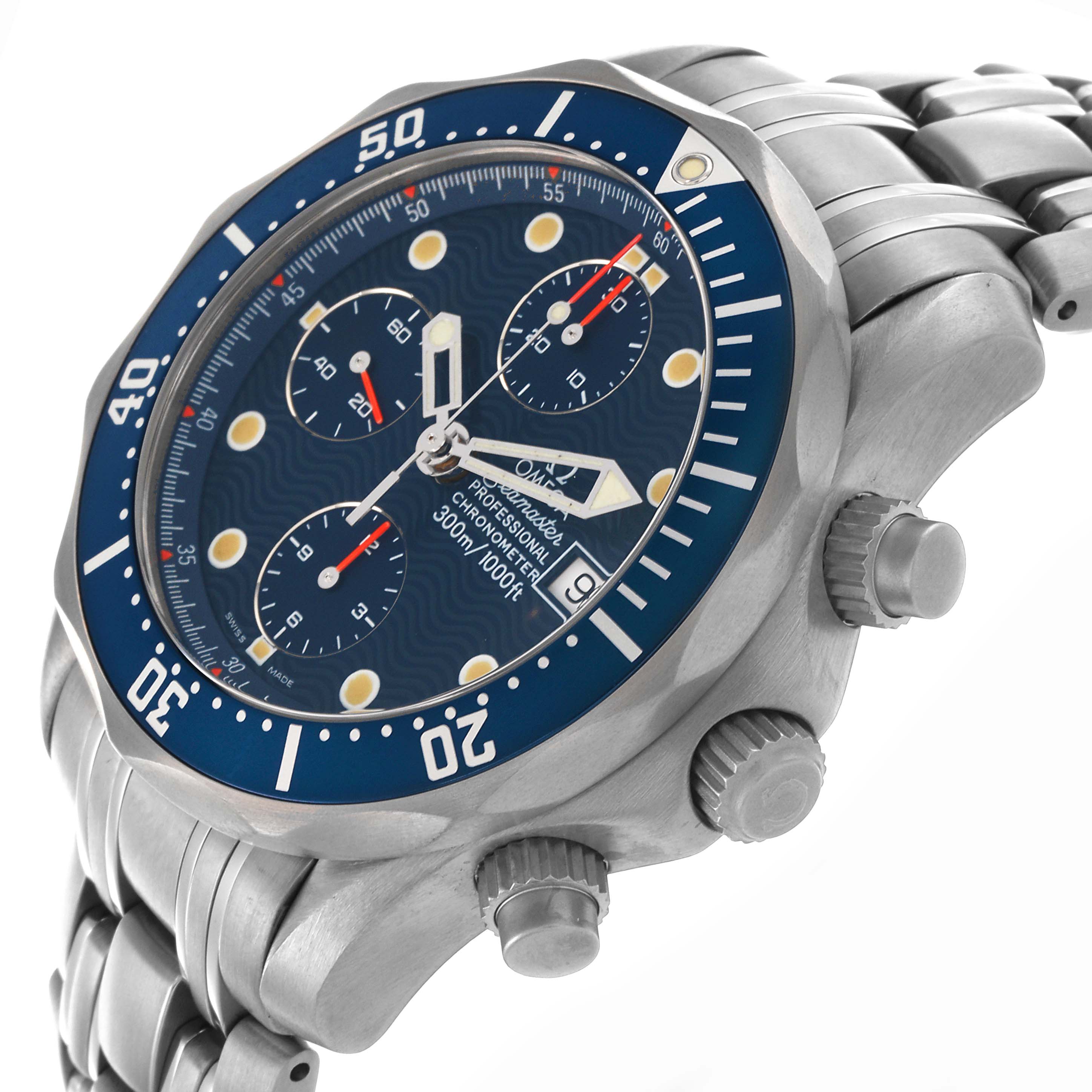 The Omega Seamaster 2298.80.00 Men's Titanium Blue Dial 2298.80.00 Men's Titanium Blue Dial model is shown from an angled side view, highlighting the bezel, dial, crown, and part of the bracelet.