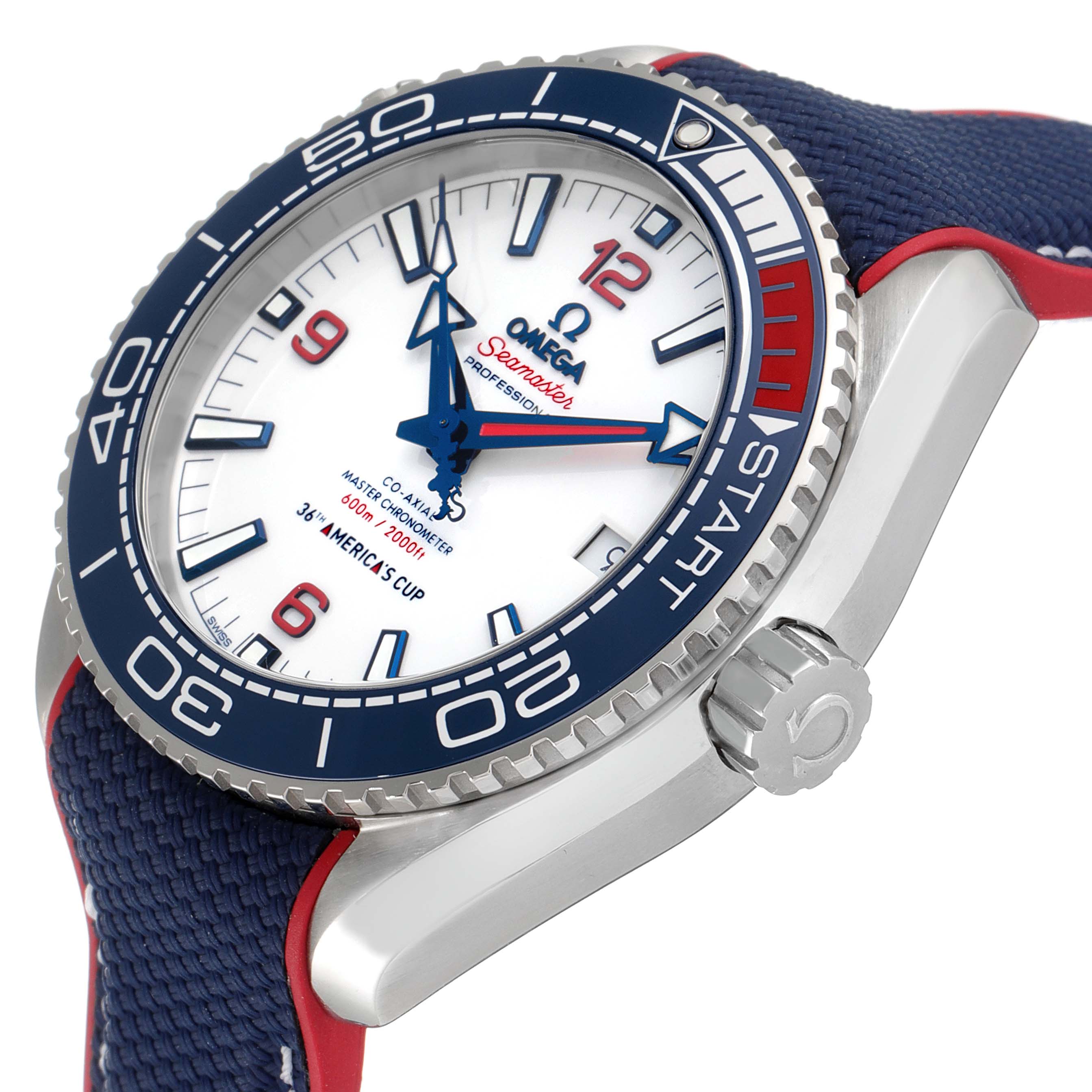 The image shows a side angle of the Omega Planet Ocean 215.32.43.21.04.001 Men
s Stainless Steel White Dial 215.32.43.21.04.001 Men
s Stainless Steel White Dial watch, highlighting the dial, bezel, and crown.