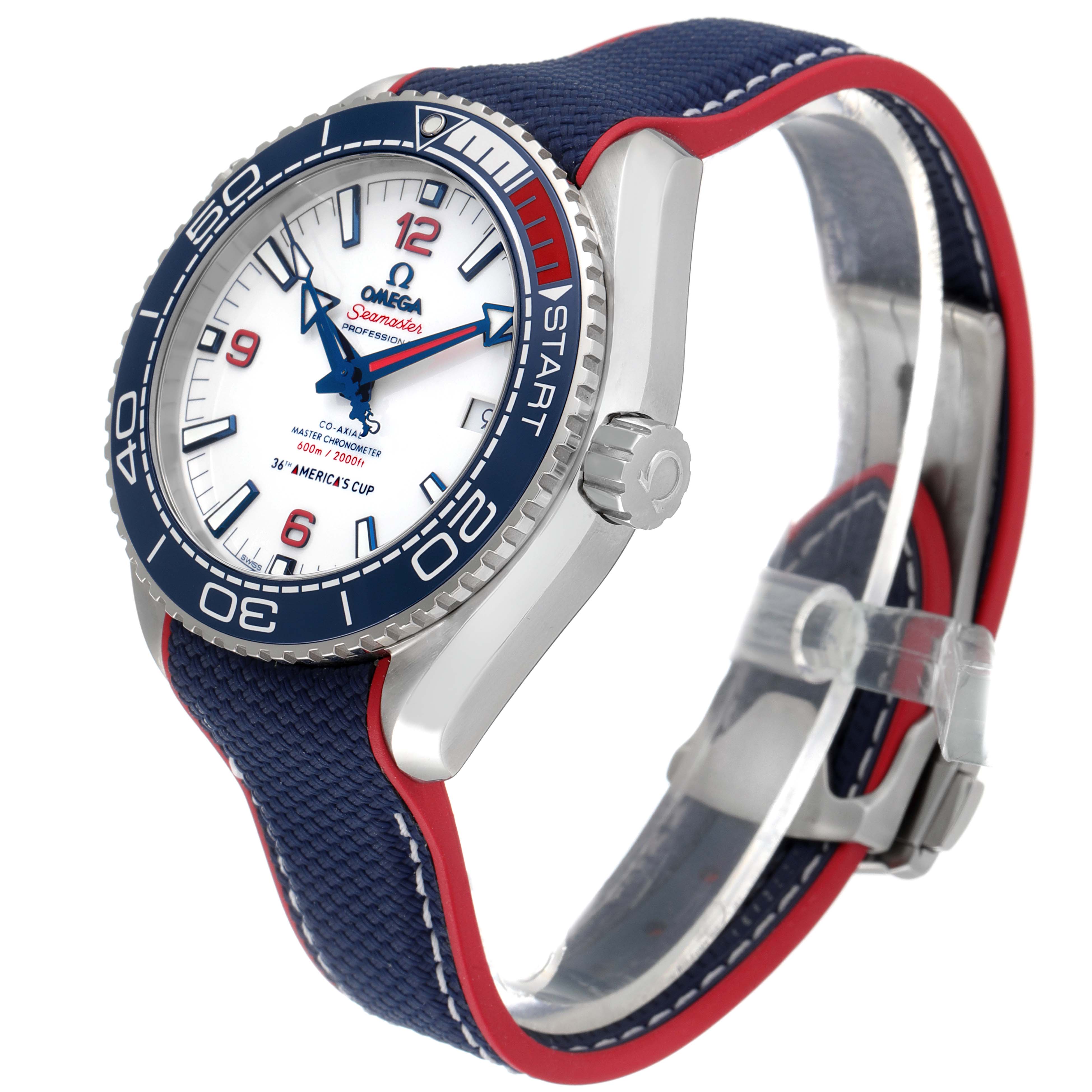 The image shows an angled side and front view of the Omega Planet Ocean 215.32.43.21.04.001 Men
s Stainless Steel White Dial 215.32.43.21.04.001 Men
s Stainless Steel White Dial watch, highlighting its bezel, crown, and strap.