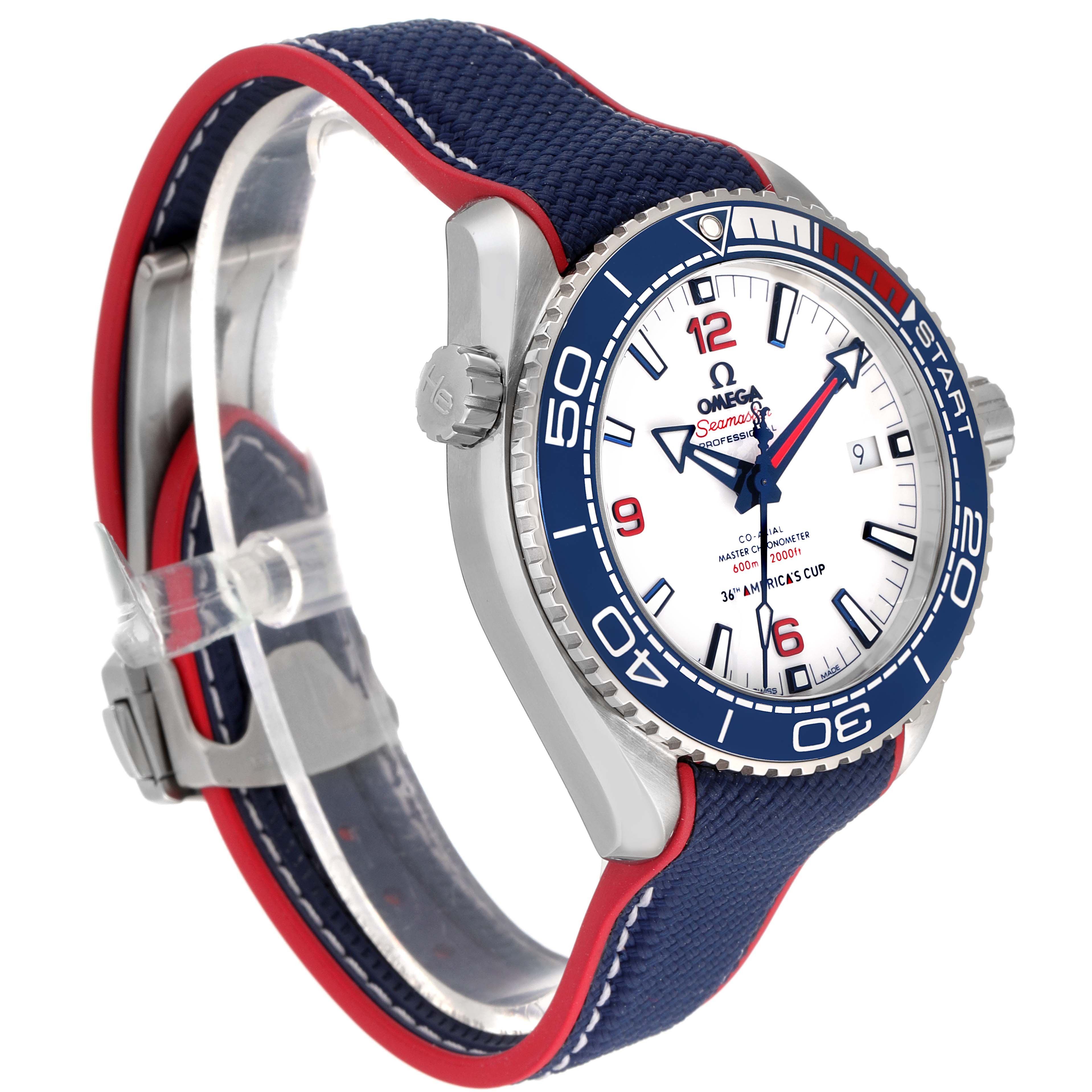 The image shows an Omega Planet Ocean 215.32.43.21.04.001 Men
s Stainless Steel White Dial 215.32.43.21.04.001 Men
s Stainless Steel White Dial watch at an angle displaying the right side, bezel, crown, and strap.