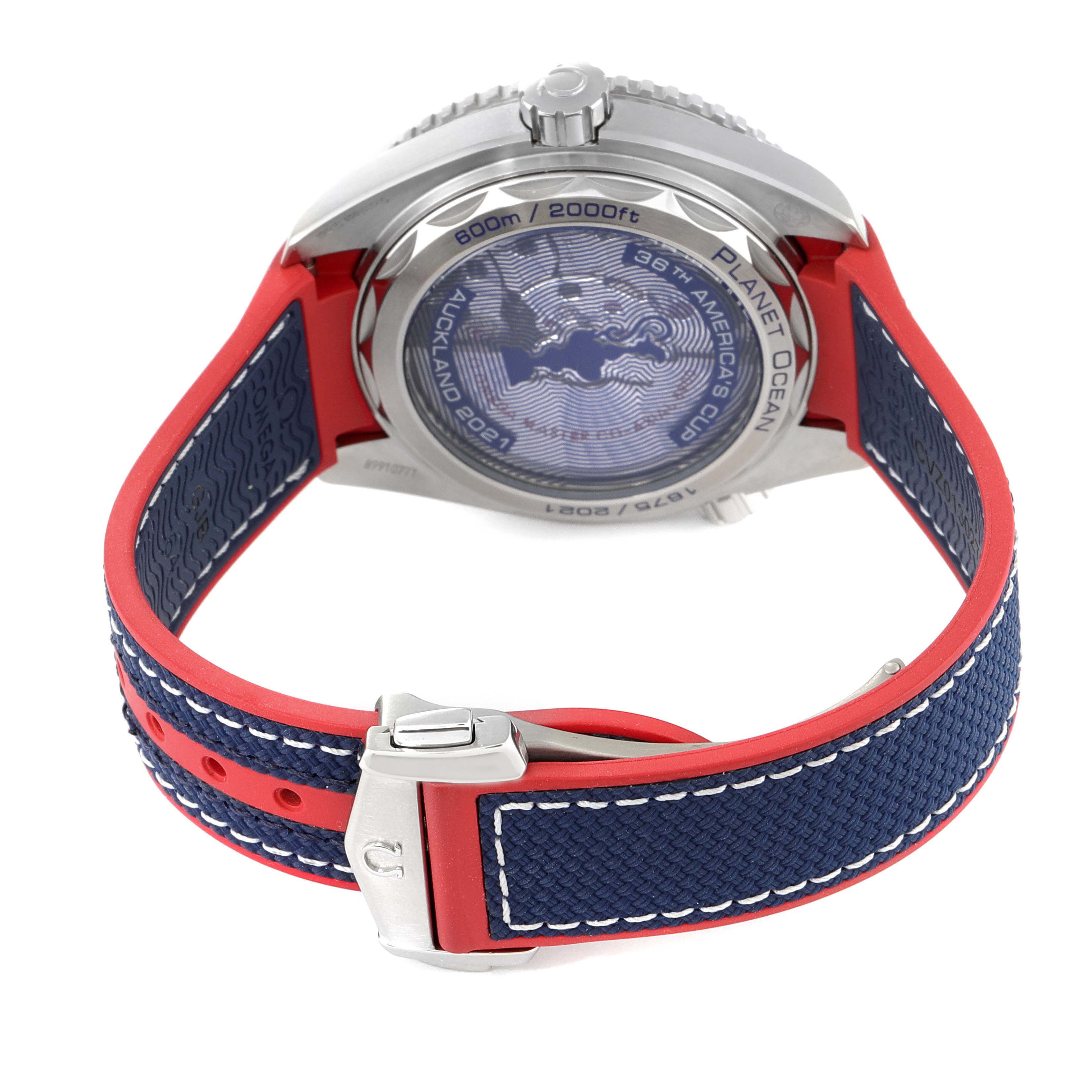 The image shows the back and band of the Omega Planet Ocean 215.32.43.21.04.001 Men
s Stainless Steel White Dial 215.32.43.21.04.001 Men
s Stainless Steel White Dial watch, highlighting its buckle and case back.