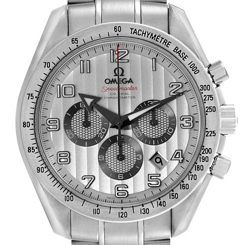 The Omega Speedmaster is shown from the front, highlighting the dial, tachymeter bezel, and stainless steel bracelet.