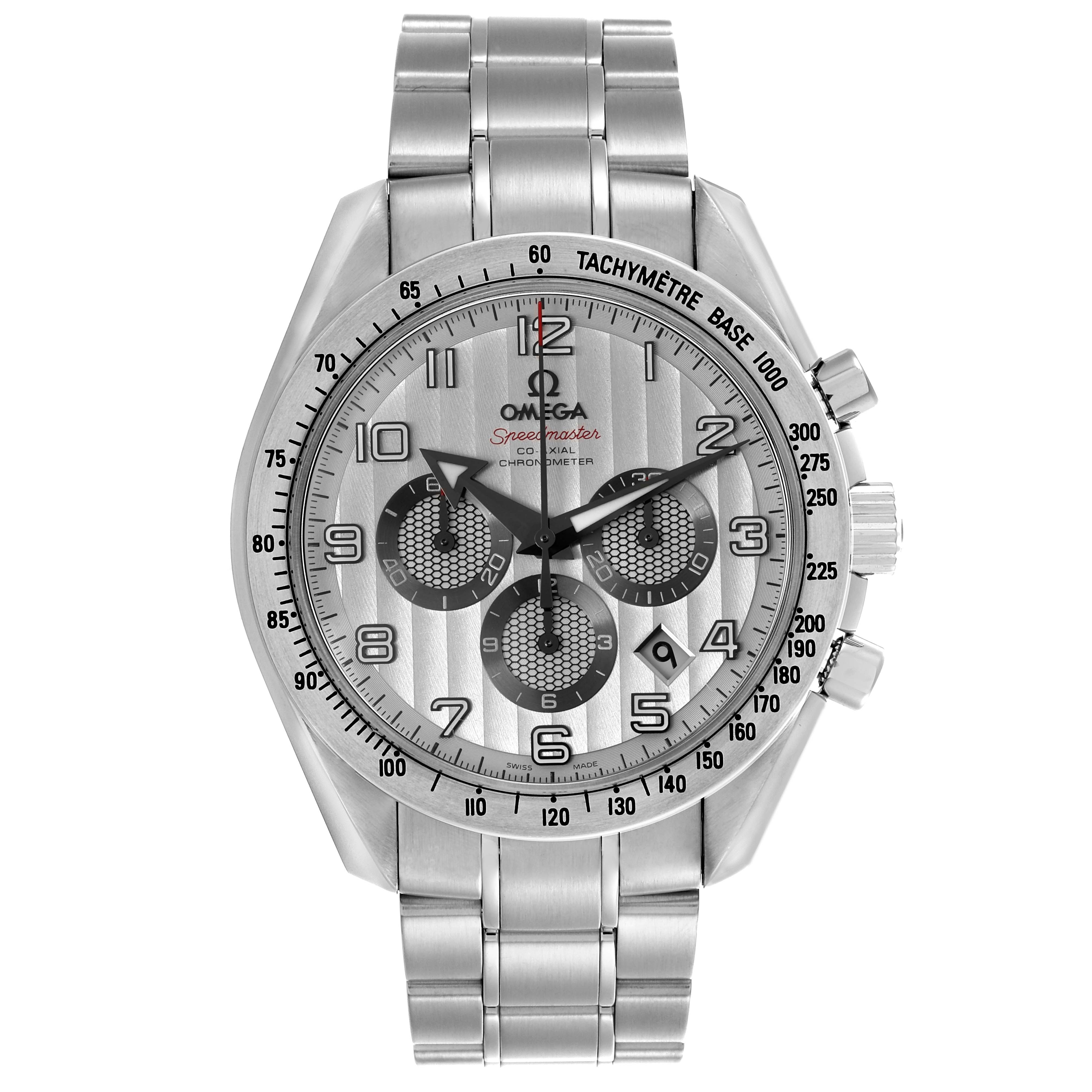 The Omega Speedmaster 321.10.44.50.02.001 Men
s Stainless Steel Silver Dial 321.10.44.50.02.001 Men
s Stainless Steel Silver Dial is shown from a top view, displaying the dial, tachymeter bezel, and stainless steel bracelet.