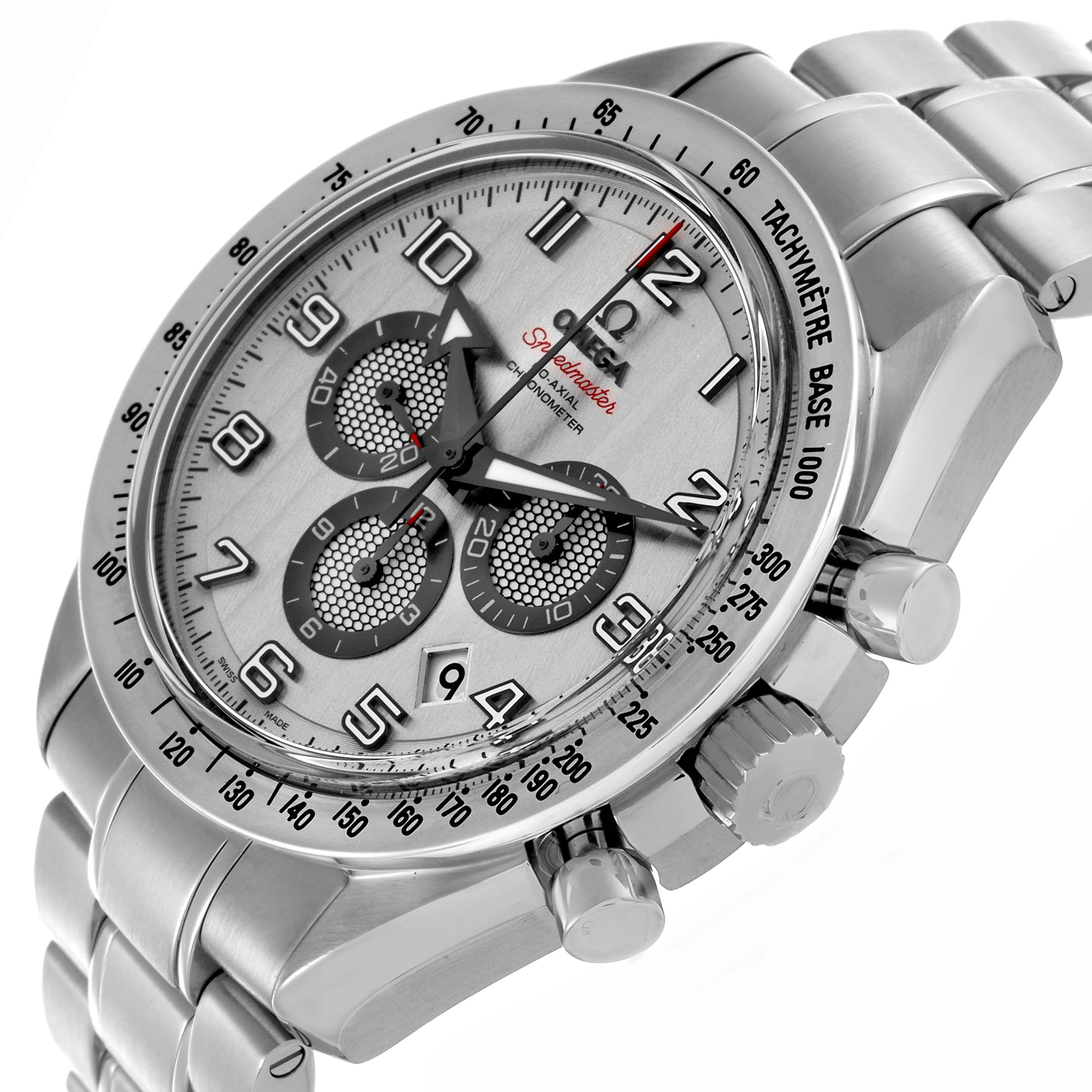 The Omega Speedmaster 321.10.44.50.02.001 Men
s Stainless Steel Silver Dial 321.10.44.50.02.001 Men
s Stainless Steel Silver Dial watch is shown from a tilted angle, highlighting the face, bezel, crown, and pushers.